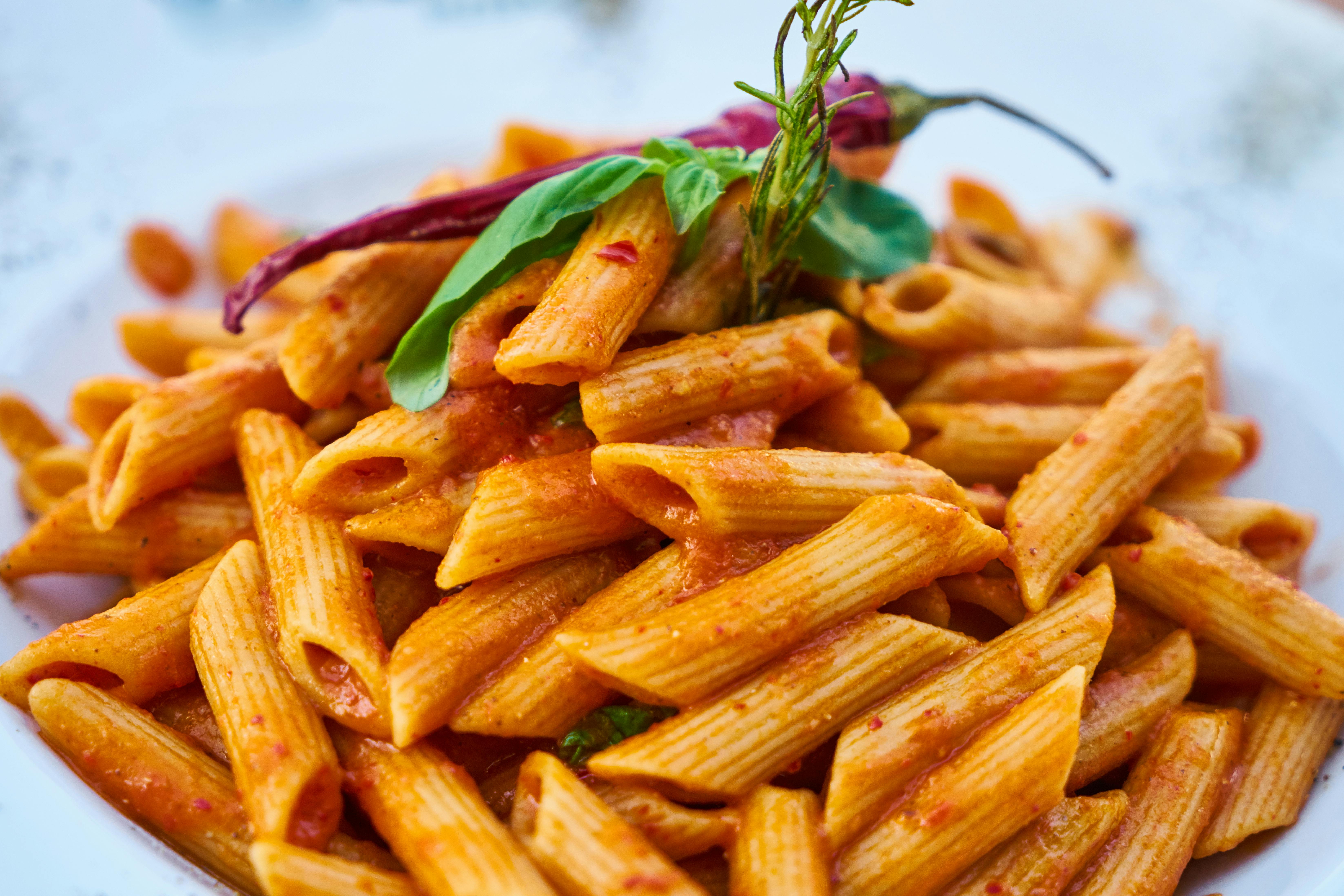 A tomato based pasta dish