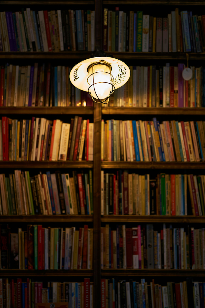 Shelves of books illuminated by a lightbulb.