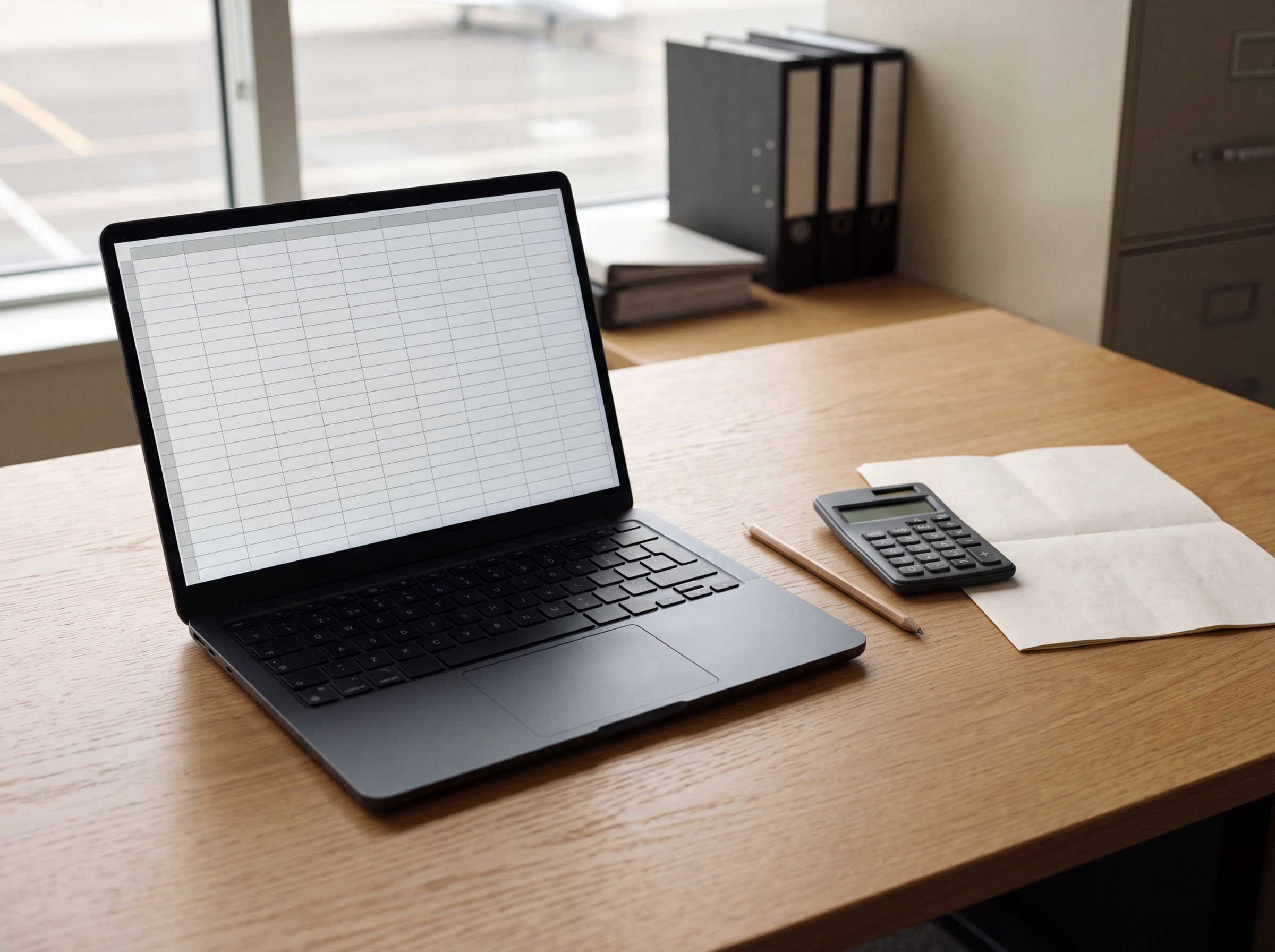 Laptop with a blank spreadsheet grid, calculator, pencil, and papers on an office desk.