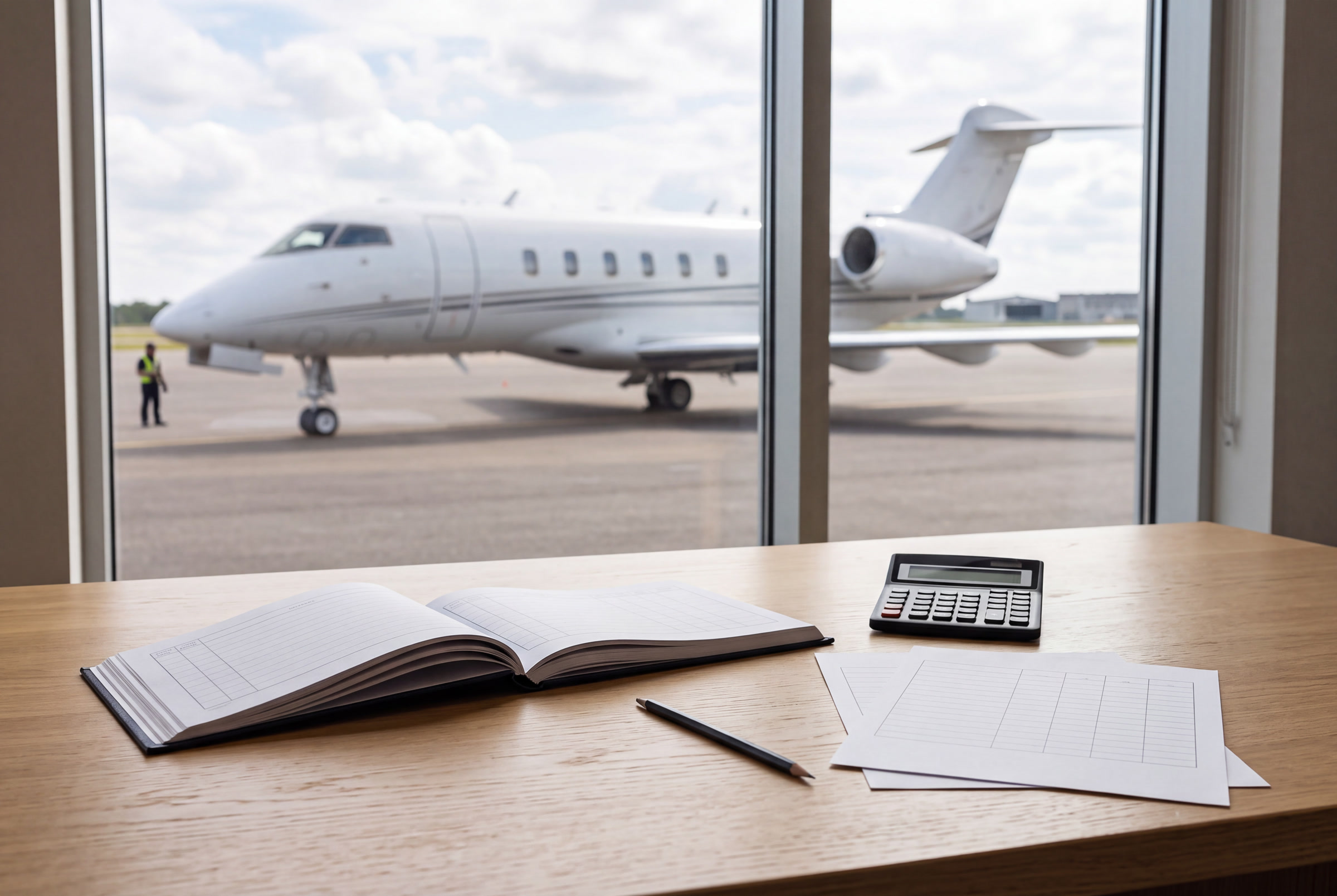 Blank operating ledger, calculator, and worksheets on a dispatch-office desk with an aircraft outside.