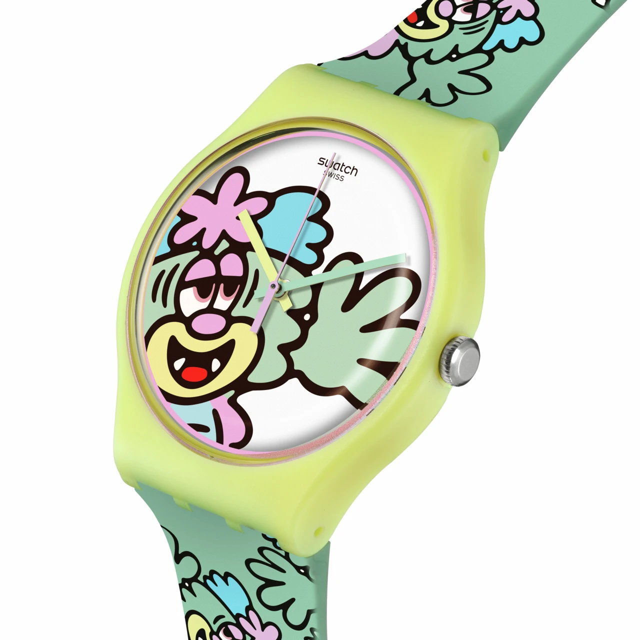 A vibrant swatch watch featuring a cartoon face with a pink flower on its head, displayed on a lime green strap adorned with colorful floral patterns.