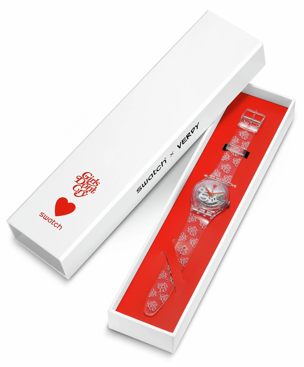 A swatch watch with a transparent case and vibrant red band featuring heart patterns, presented in an elegant white box with the swatch logo and a heart design.