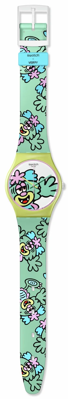 A vibrant swatch watch featuring a playful pattern of mickey mouse silhouettes in various poses on a teal background, with pink and light blue accents and a blue strap.