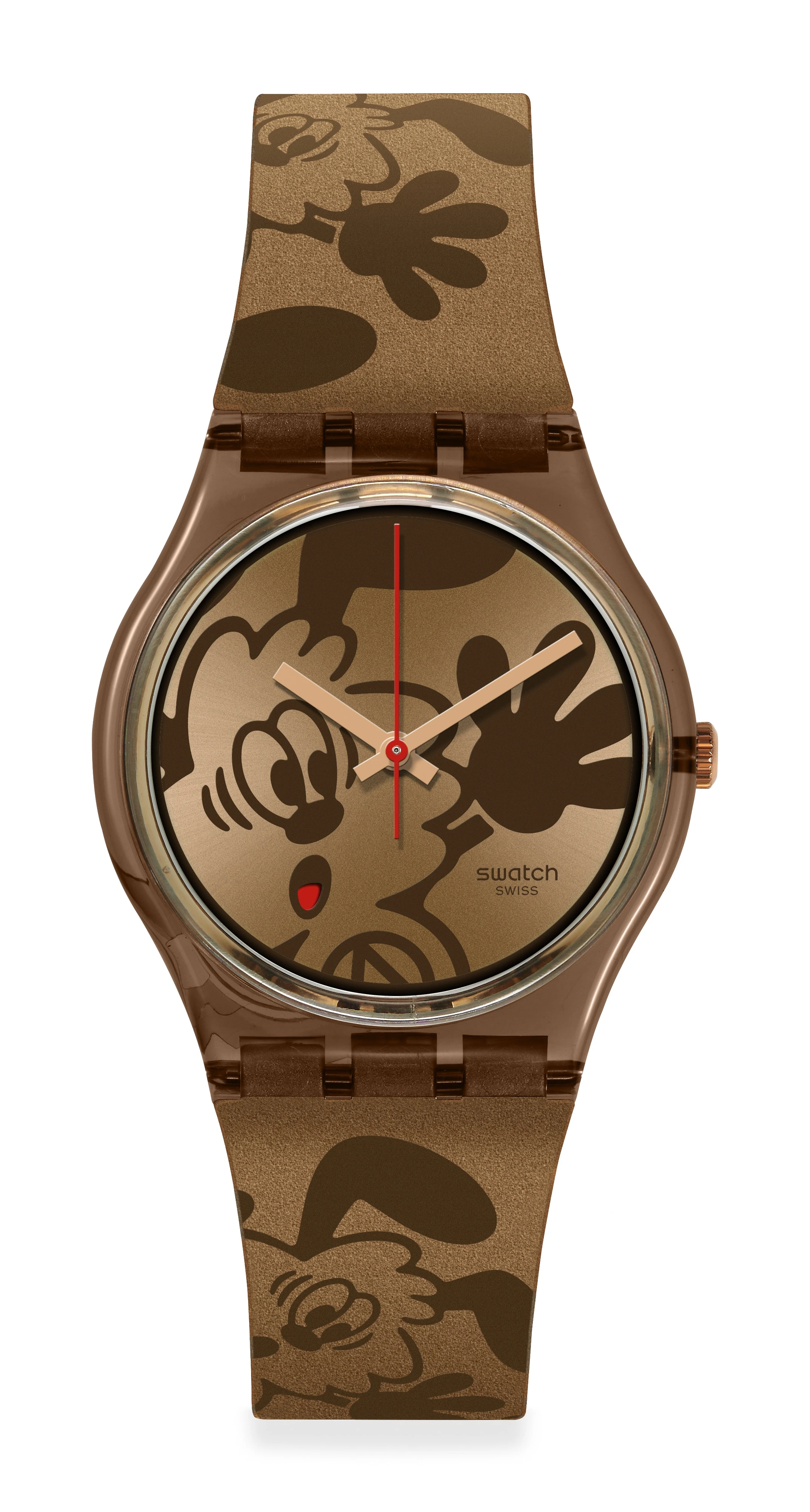 A swatch watch featuring a camouflage design with a cartoon monkey face on the dial, highlighted by red hour and minute hands.