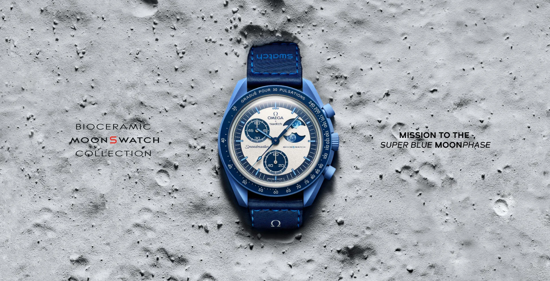 Die Bioceramic MoonSwatch MISSION TO THE SUPER BLUE MOONPHASE ist eine Hommage an  den ersten blauen Supermond des Jahres und die unbeschwerte Stimmung des Sommers.