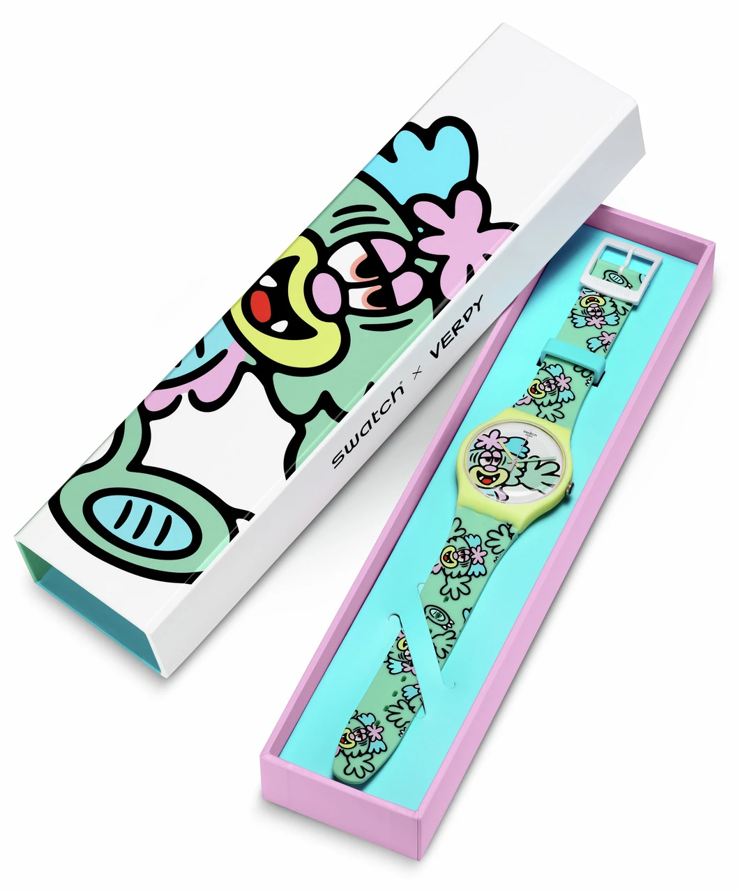 An image of a swatch x kidrobot watch in a colorful, artistically designed box. the watch features a whimsical, cartoonish pattern with vibrant colors such as blue, pink, and yellow.