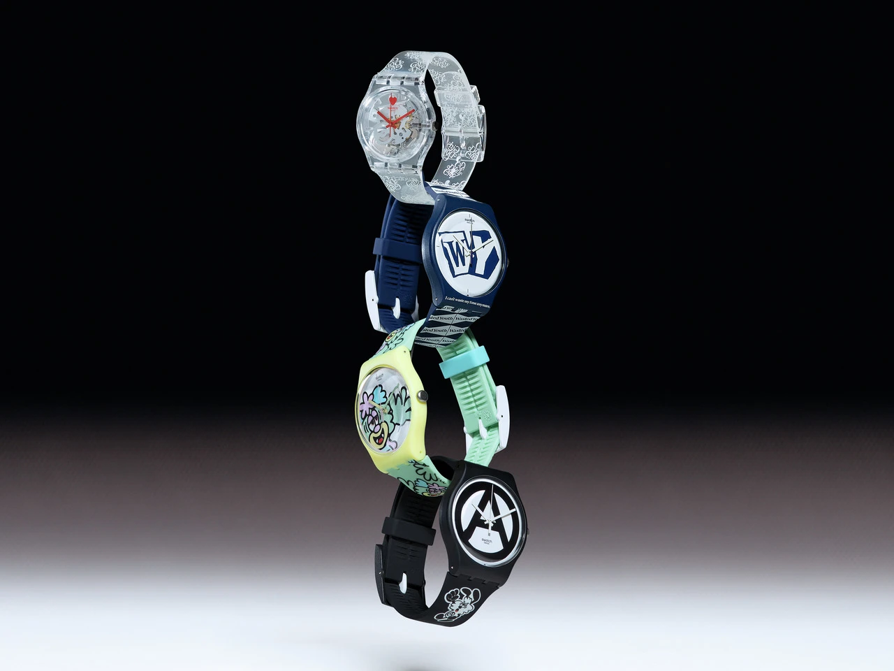 A stack of six colorful and uniquely designed wristwatches with various patterns and logos, set against a dark gradient background.