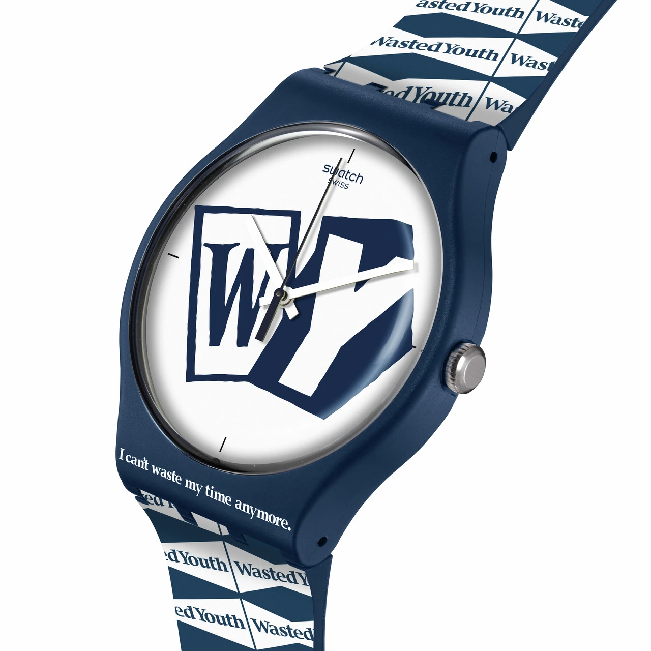 A swatch watch featuring a blue strap with the phrase "wasted youth" in white lettering and a white dial with the bold letter "w" in a fractured design.