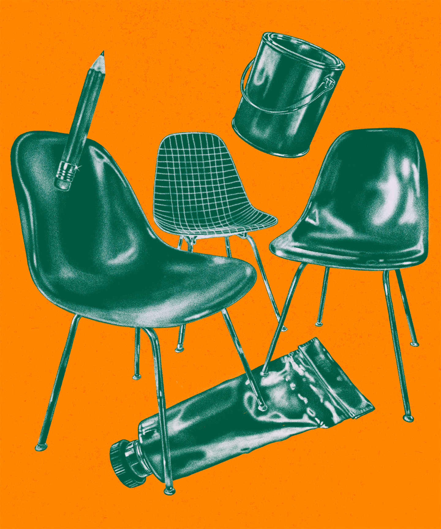 Artwork with chairs, pencils and tubes on orange background