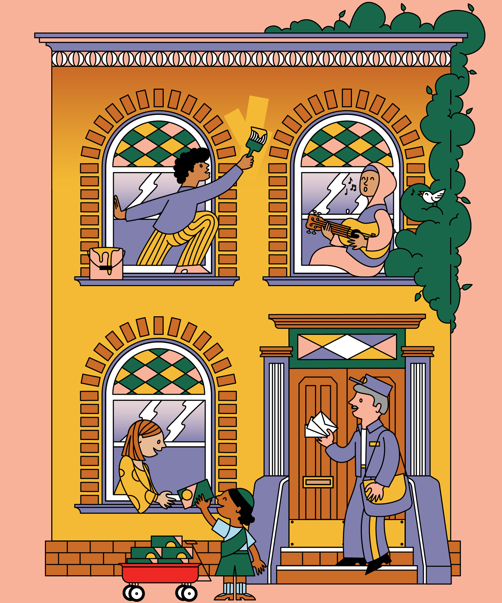 Illustration by Berenice Méndez includes a building with three windows, each with a person in the window.