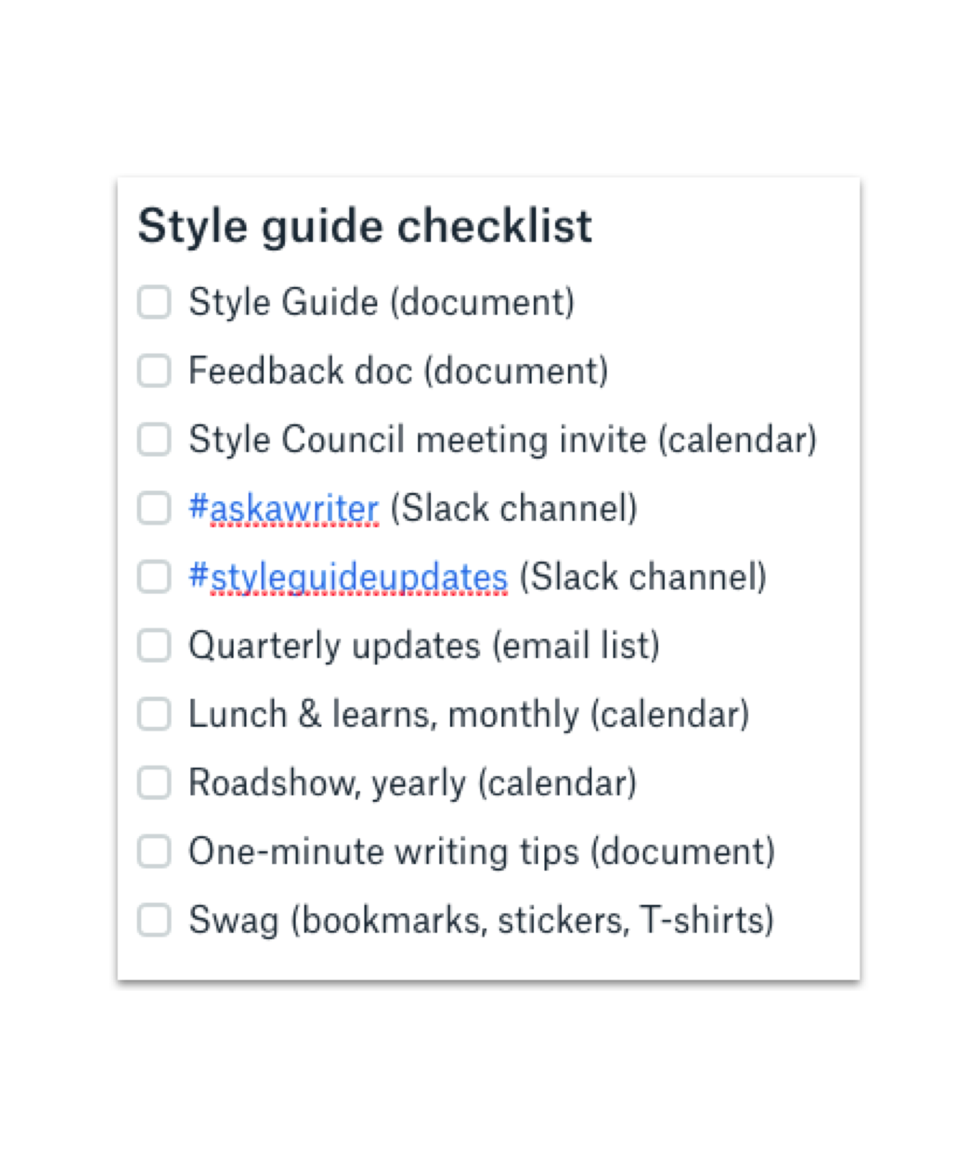 Example of a style guide governance checklist