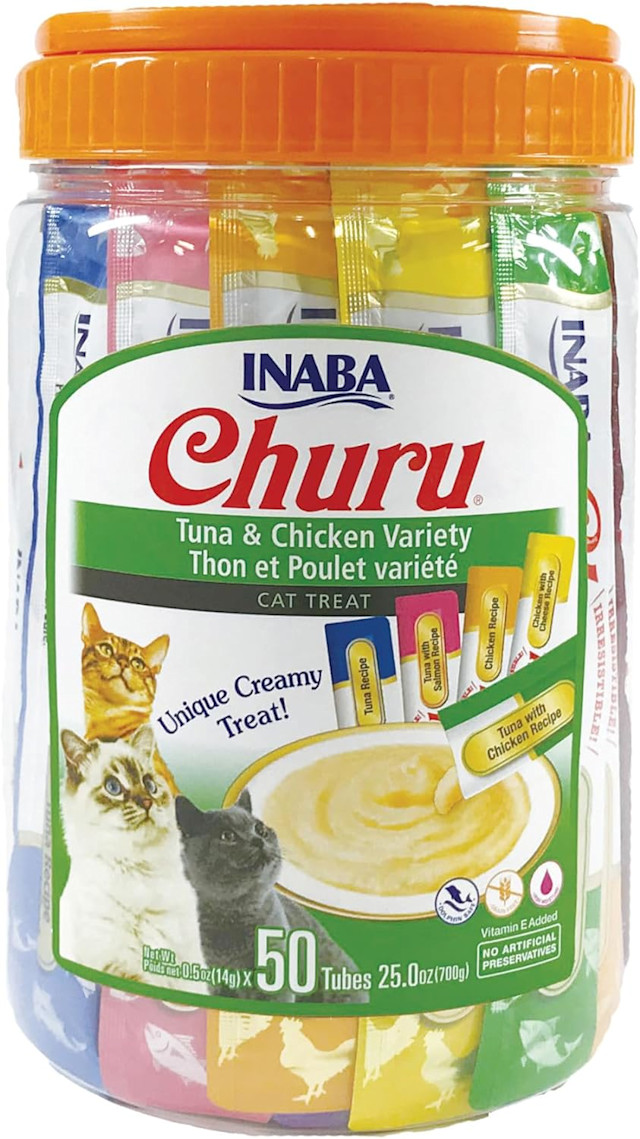 Inaba Churu Tuna & Chicken Variety Cat Treats – a premium, creamy treat for cats. This 50-tube pack (25 oz) features a mix of flavors, including tuna, chicken, and salmon recipes, made with real meat and enriched with Vitamin E. Free from artificial preservatives, it’s an irresistible reward your feline will adore!