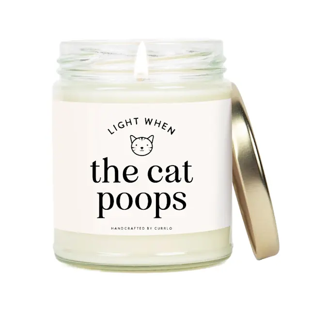 Eliminate unwanted odors with this humorous and functional scented candle labeled 'Light When the Cat Poops.' Perfect for cat owners, this handcrafted soy candle is both a funny gift idea and a practical solution for keeping your home smelling fresh. 