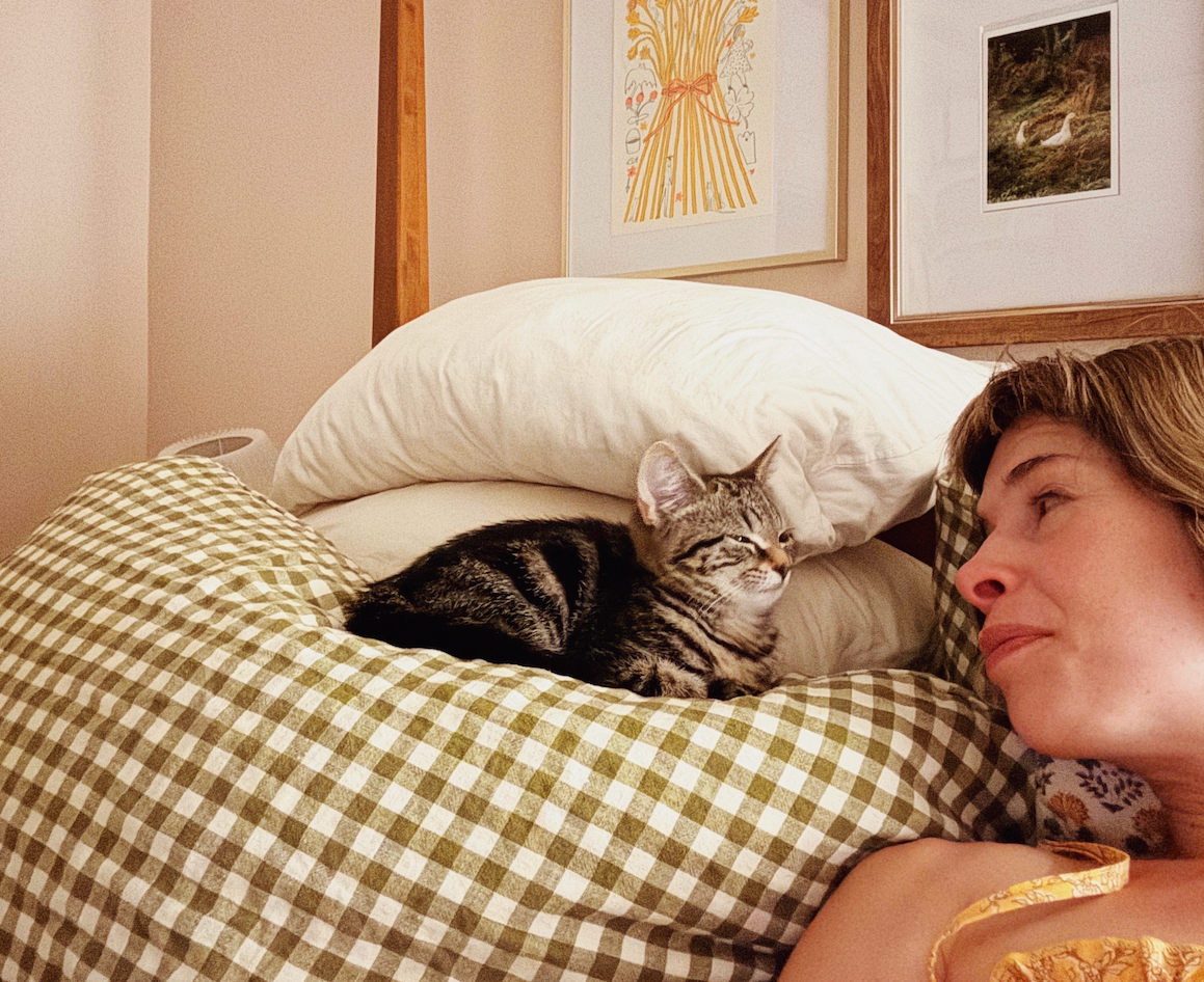 Julie and her grey-black kitten ZouZou lovingly gazing at each other in bed after just waking up. ZouZou is laying in loaf position upon a fluffy, green-white gingham pillow so they are eye-to-eye.