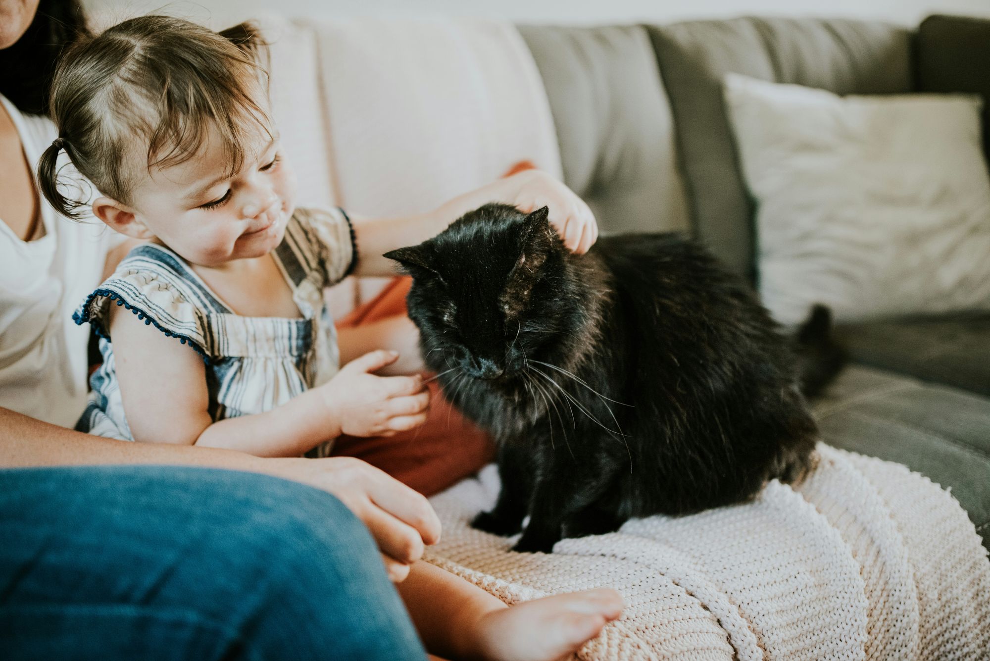 Woman in blue denim jeans sitting with toddler on sofa beside long-haired black cat