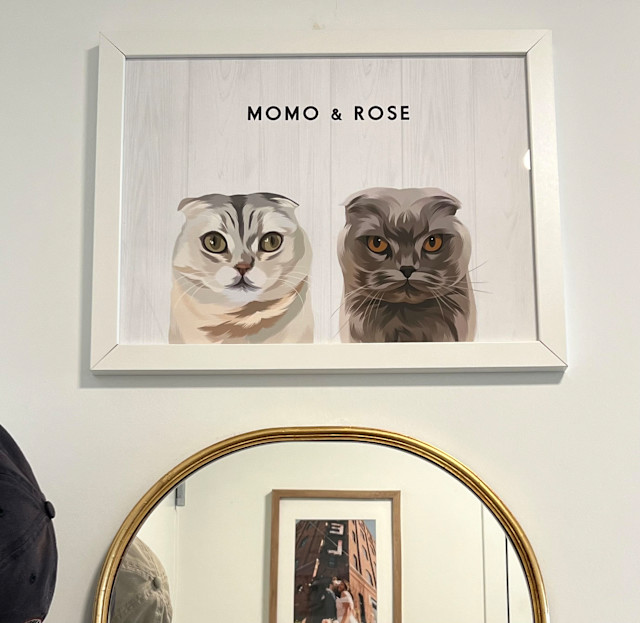 This photo shows a framed illustration of two cats named "Momo & Rose," as written at the top in bold, black letters. The illustration has a minimalist, digital art style, with each cat facing forward against a light wood-textured background.

On the left is Momo, a light-colored cat with a soft cream and gray coat, round eyes, and a gentle expression. On the right is Rose, a darker, gray cat with amber-colored eyes and a slightly more intense expression. Both cats have round faces, giving them a similar appearance.

Below the framed picture, part of a circular mirror with a thin, gold-colored frame is visible. In the reflection of the mirror, there’s a framed photo of a couple embracing in an urban setting, adding a personal touch to the decor. The overall scene gives a cozy, homey feeling with a focus on the cat art.