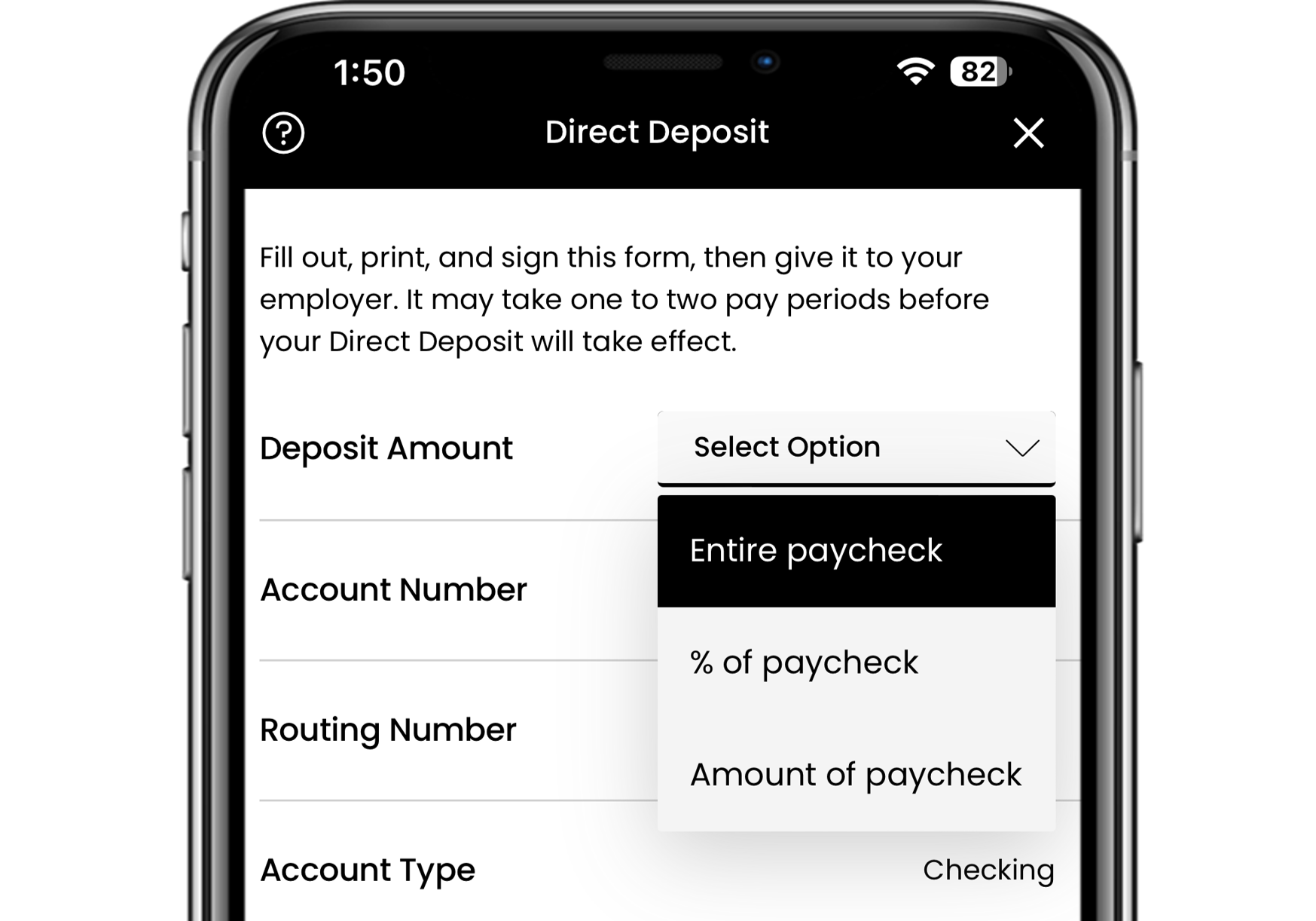 Mobile App on Direct Deposit page with Deposit Amount Select active.