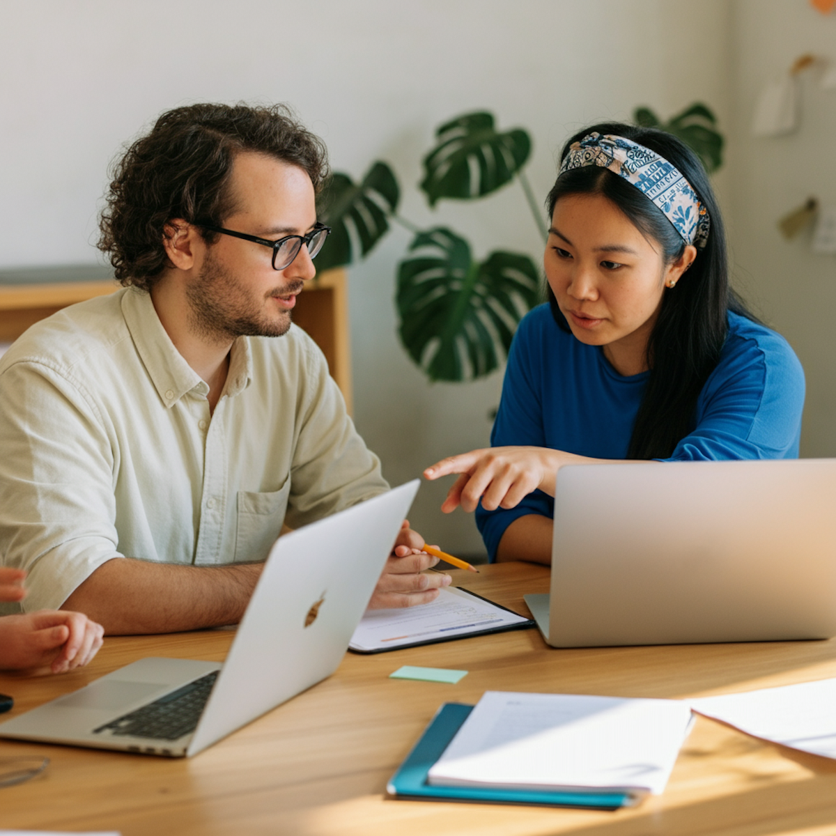 Two colleagues discussing a project while pointing at a laptop screen.