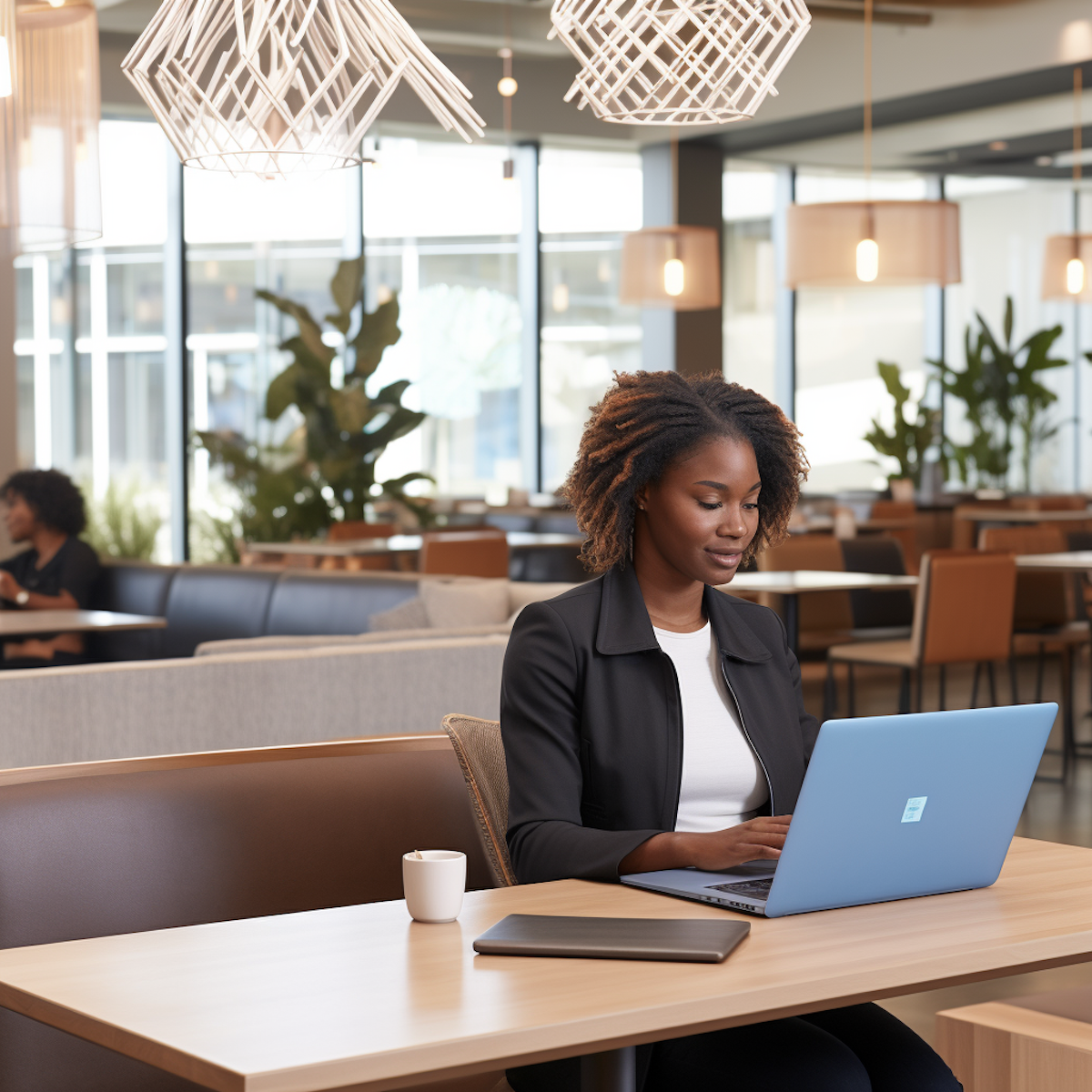 Professional woman working on a laptop in a modern, well-lit café.