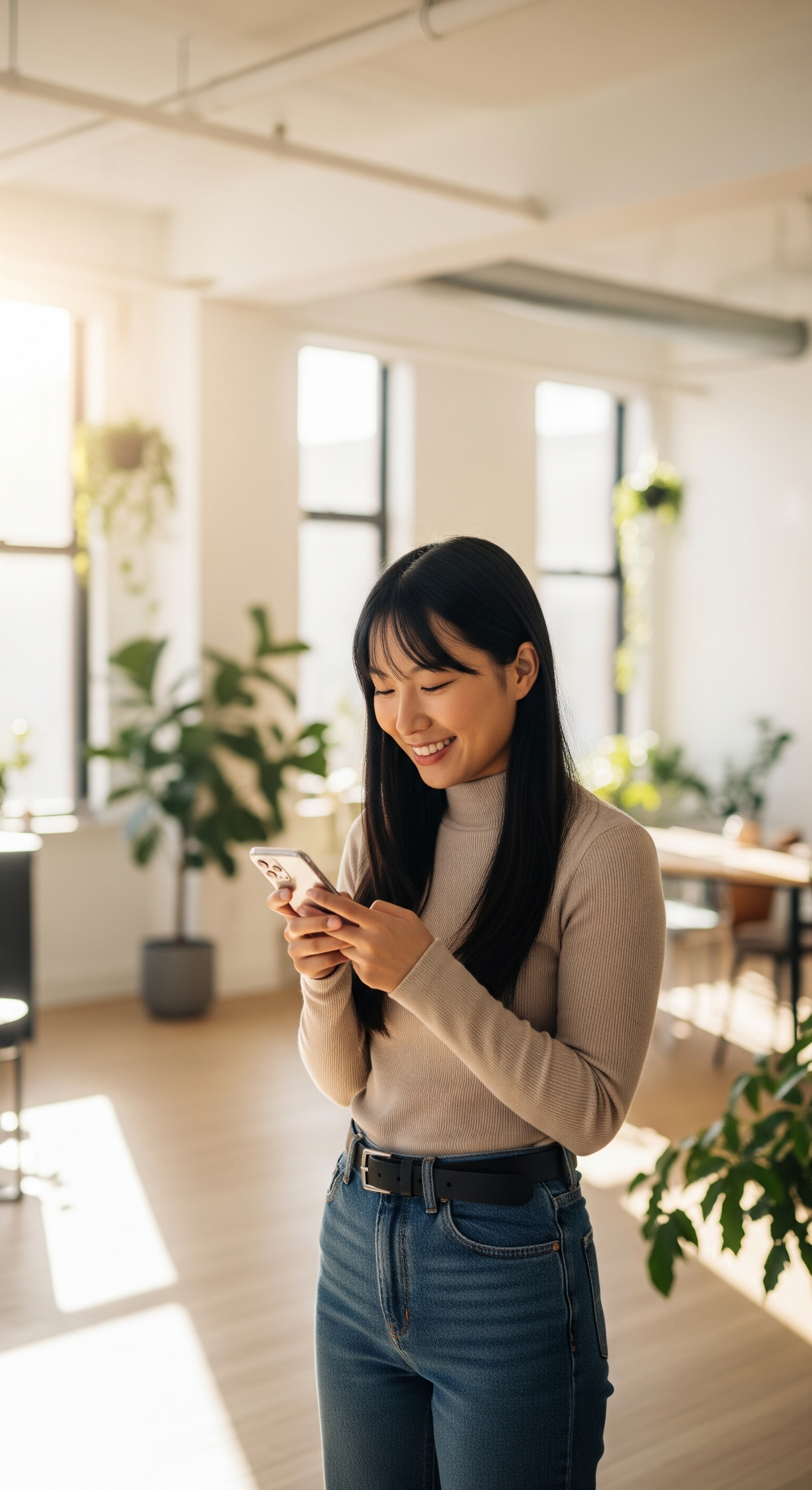 Young woman in casual business attire smiling while looking at her smartphone in a modern office space