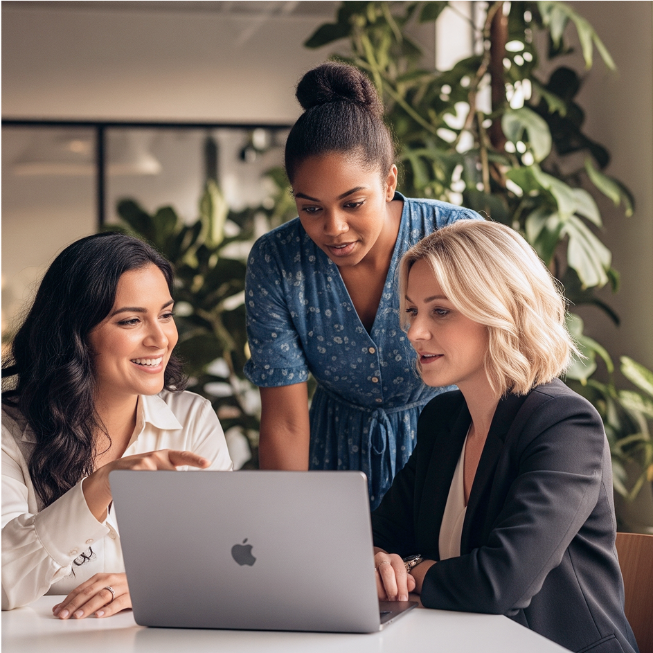 Three diverse professionals collaborating around a laptop in an office setting with indoor plants in the background