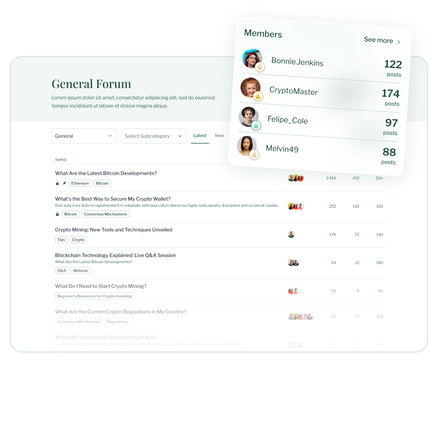 Mock-up of the Eve Wealth community forum with a floating leaderboard card displaying top members.