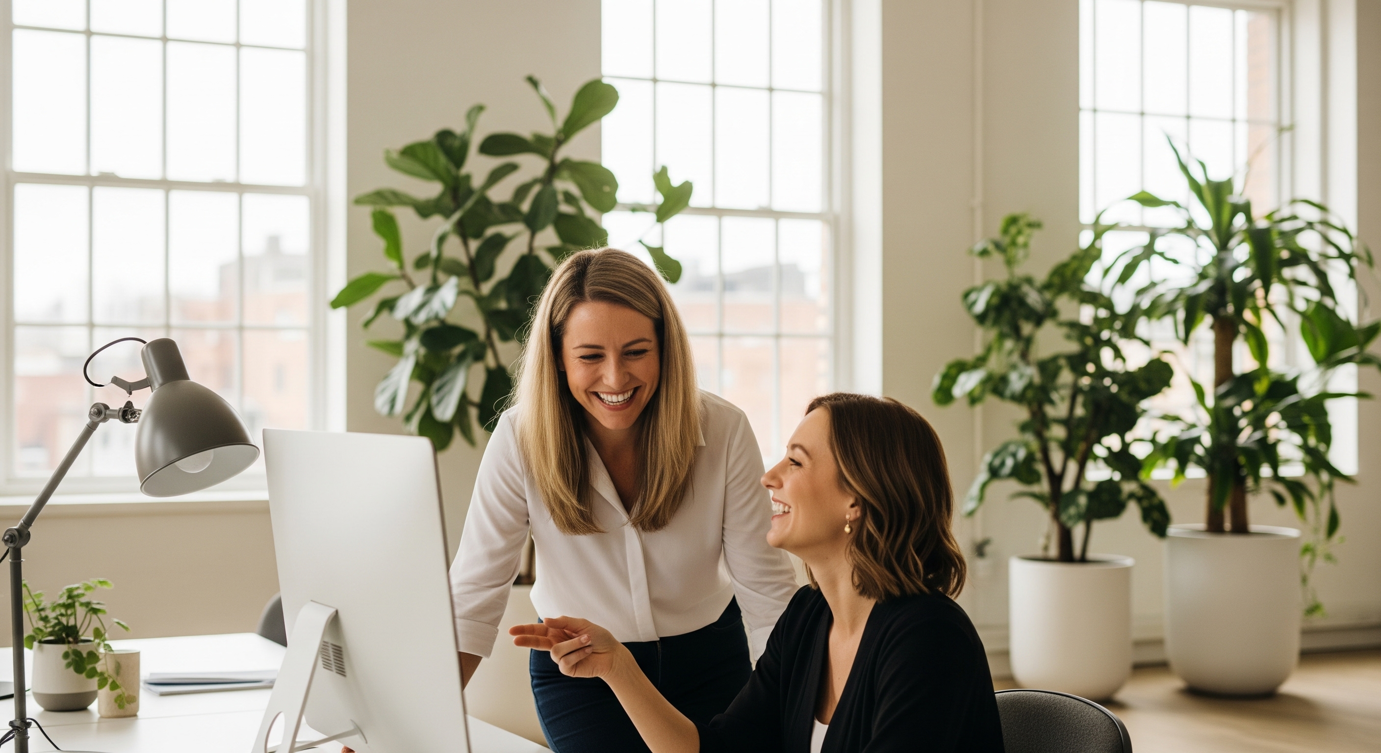 Two professional women laughing while collaborating at a desk in a bright office with plants