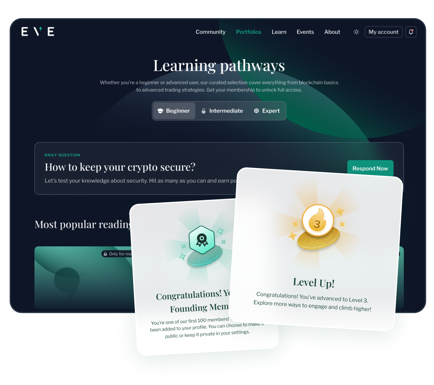 Mock-up of the Eve Wealth Learning Pathways screen with progress badges and a dark green gradient background.