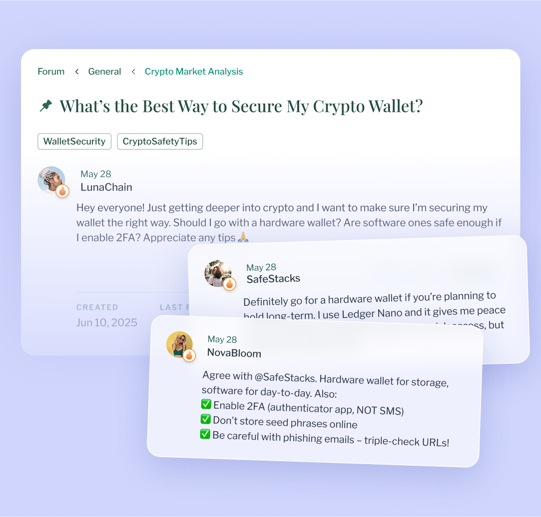 Mock-up of an Eve Wealth forum post titled “What’s the Best Way to Secure My Crypto Wallet?” showing highlighted replies.