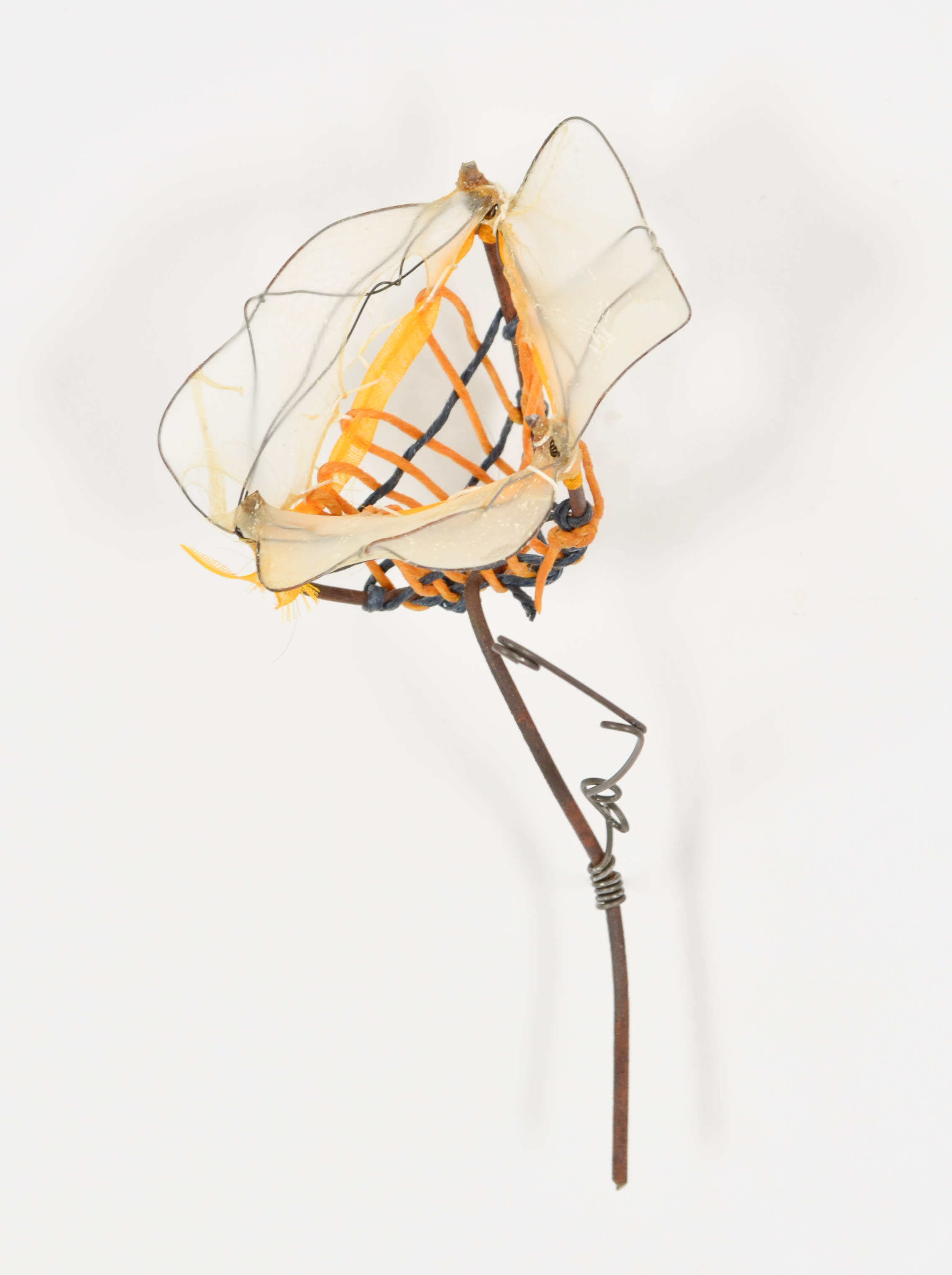 upcycled fence, ribbon, waxed threads, gut, and steel wire, 5.5" x 3" 