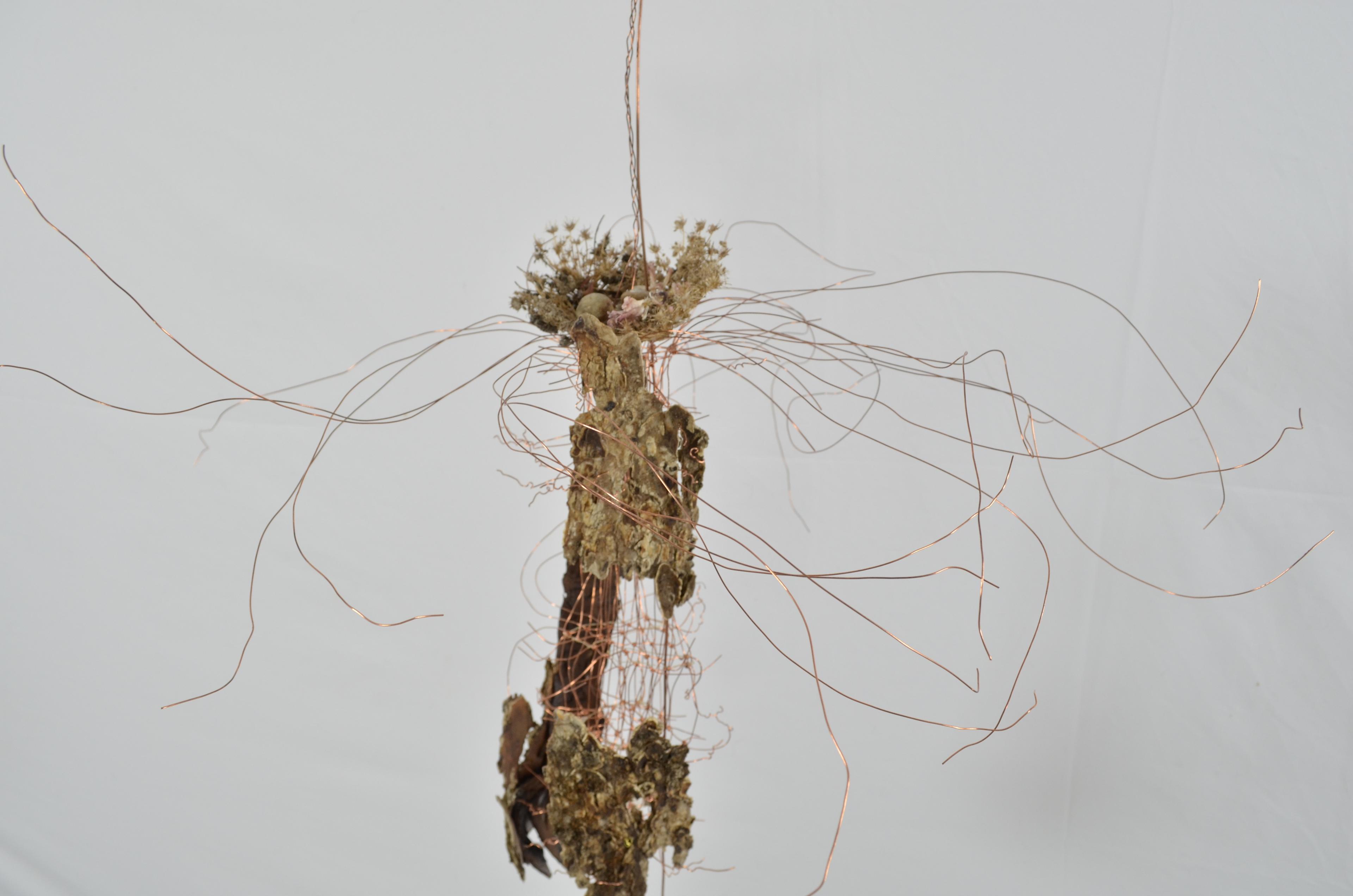 3 sections make up this pretty in pink tree.  Magenta maple whirly-gigs for section 1, knotted copper wire for section 2, & individual flower petals for section 3.  Along with bark, gut, & found objects.