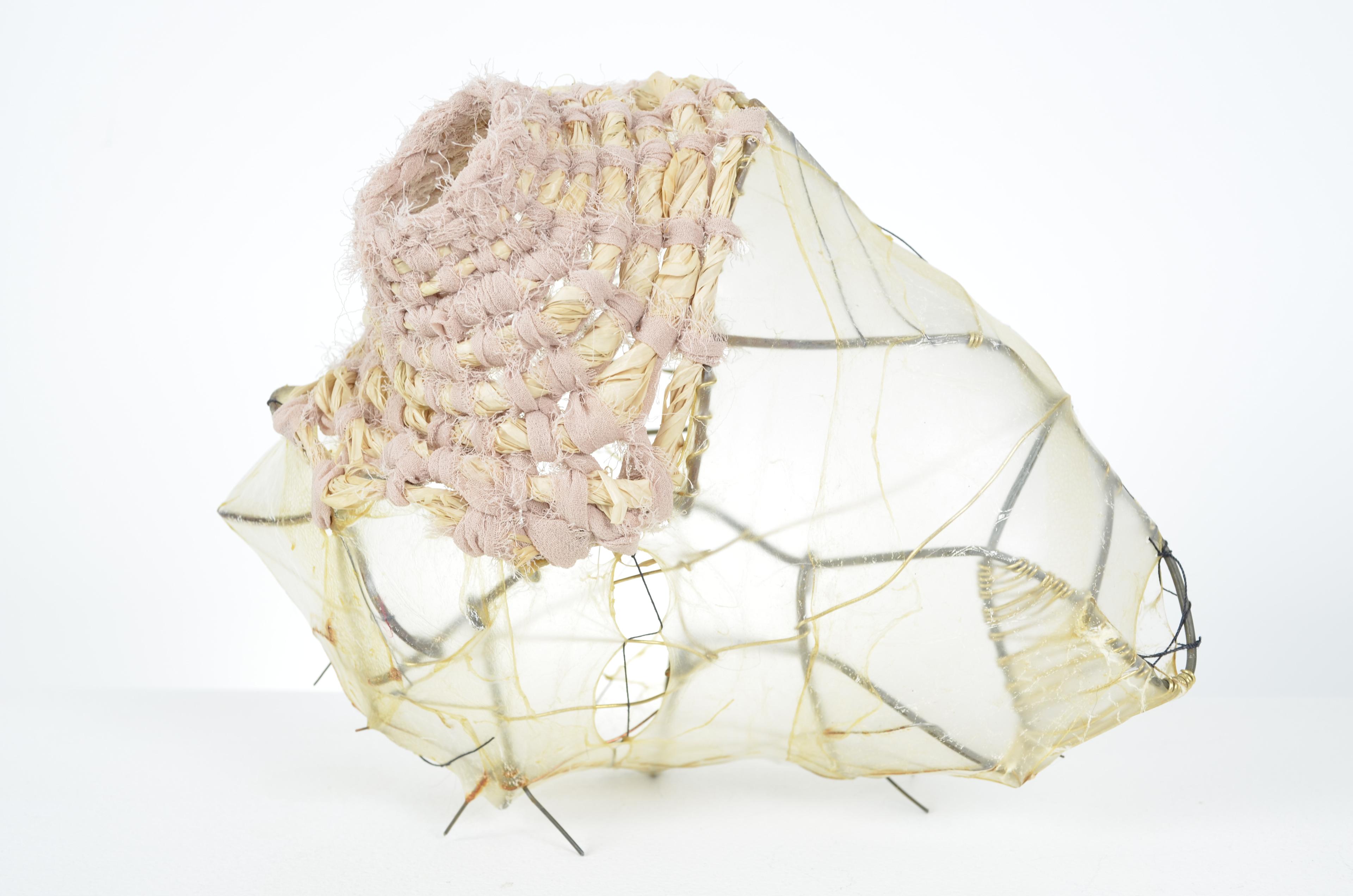 Mixed media - Found fence shaped into a vessel form with brass and annealed steel wire woven into specific sections with gut stretched and sewn.  Upcycled sari and chiffon ribbon are then coiled closing the form. 8X9X6