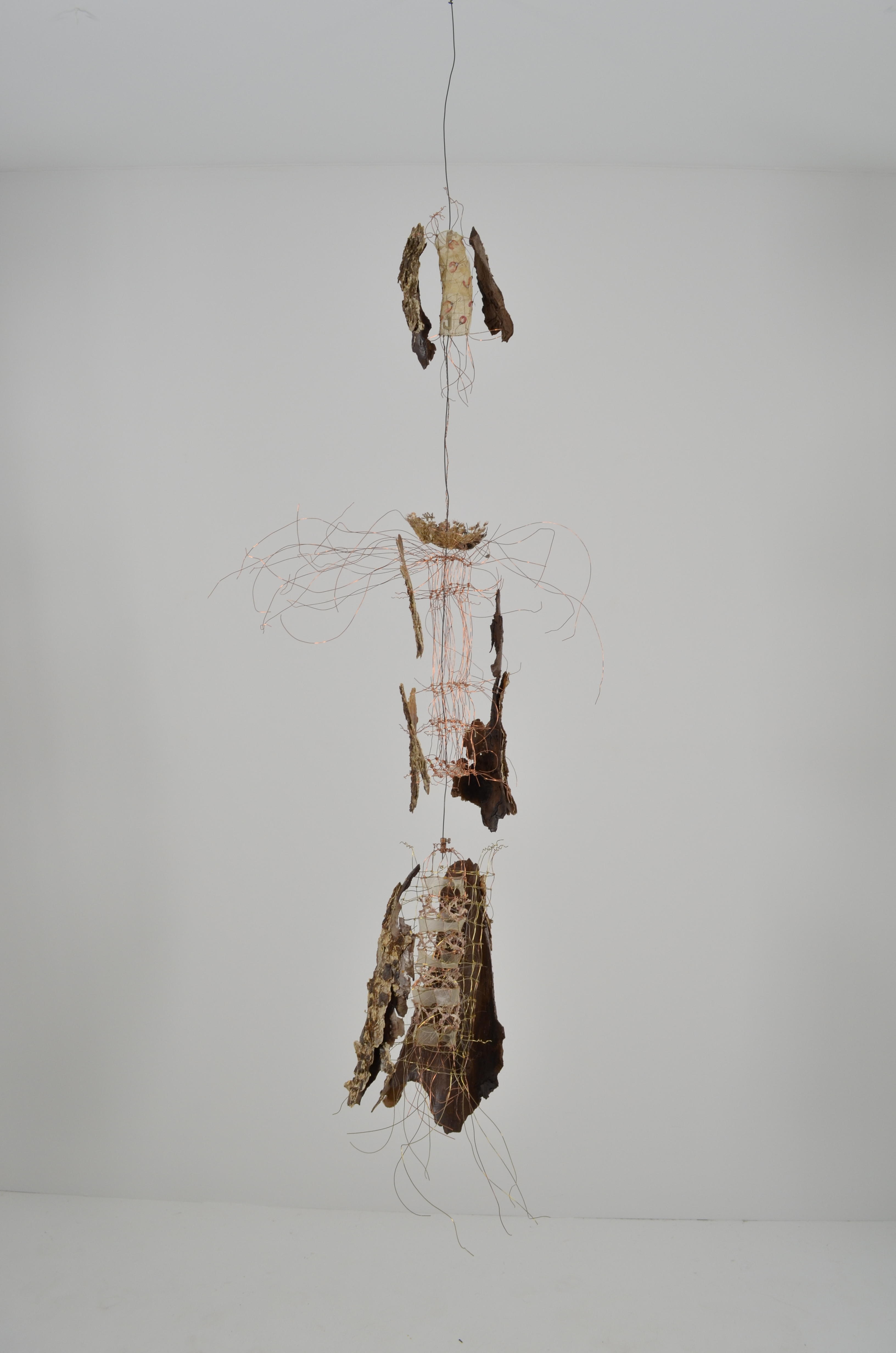 3 sections make up this pretty in pink tree.  Magenta maple whirly-gigs for section 1, knotted copper wire for section 2, & individual flower petals for section 3.  Along with bark, gut, & found objects.