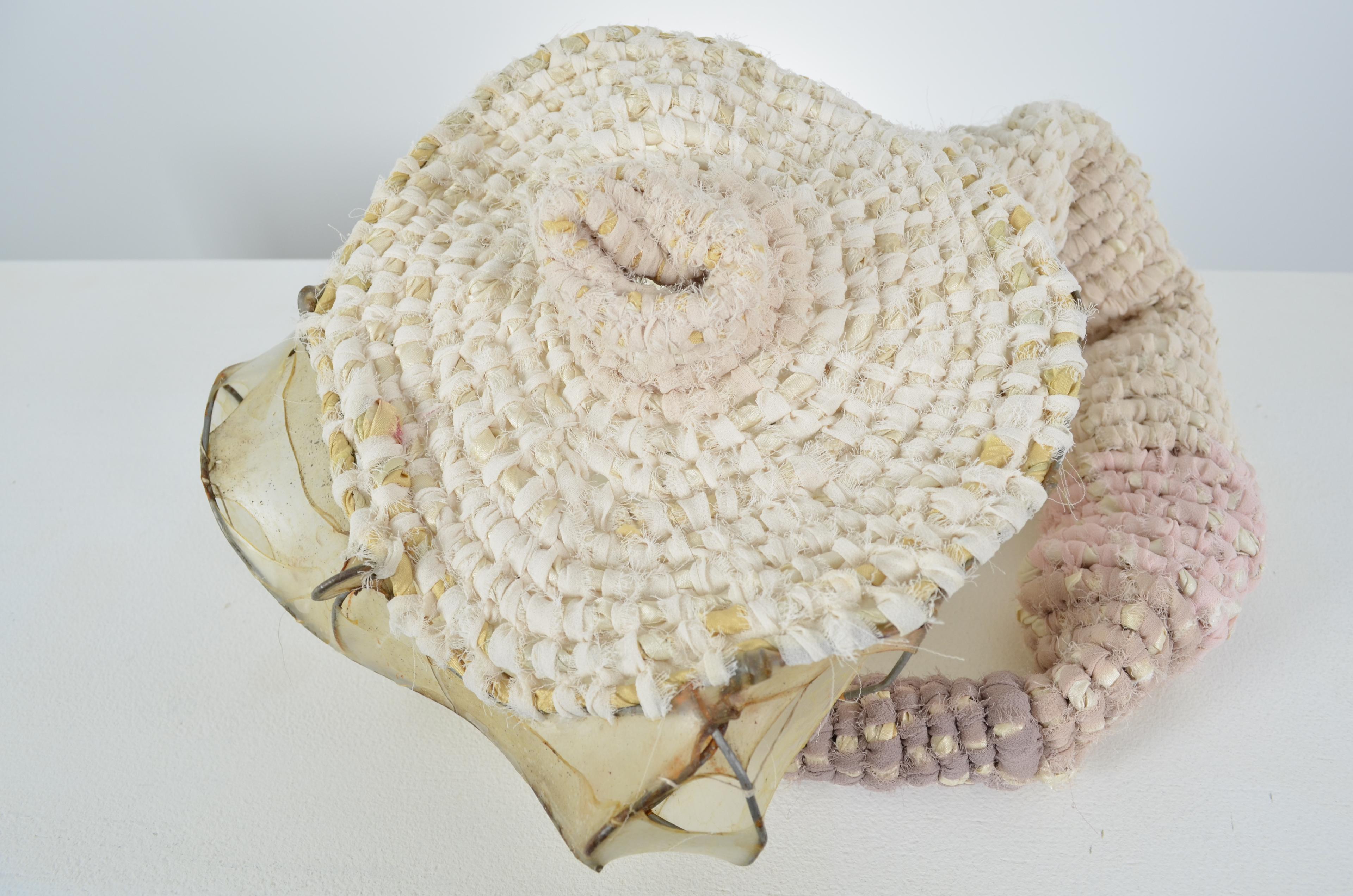 Sewn & stretched gut are wrapped around shaped found fence with coiled upcycled sari & chiffon finishing the vessel. 7x12.75x10