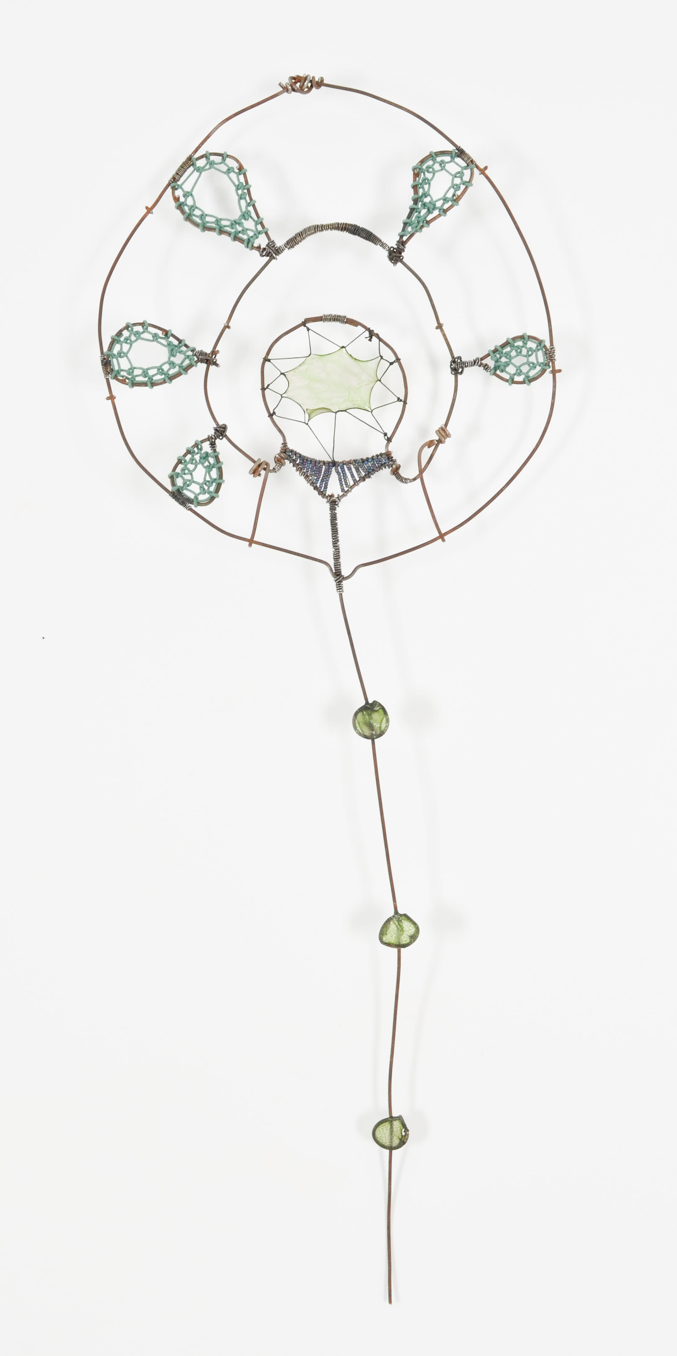 Harrison is a wallflower with up-cycled fence, stained gut, thread, seed beads ,& paper thread - looping and sewing techniques are a part of this work,  mixed media, 23.5"h x 8.5"w 