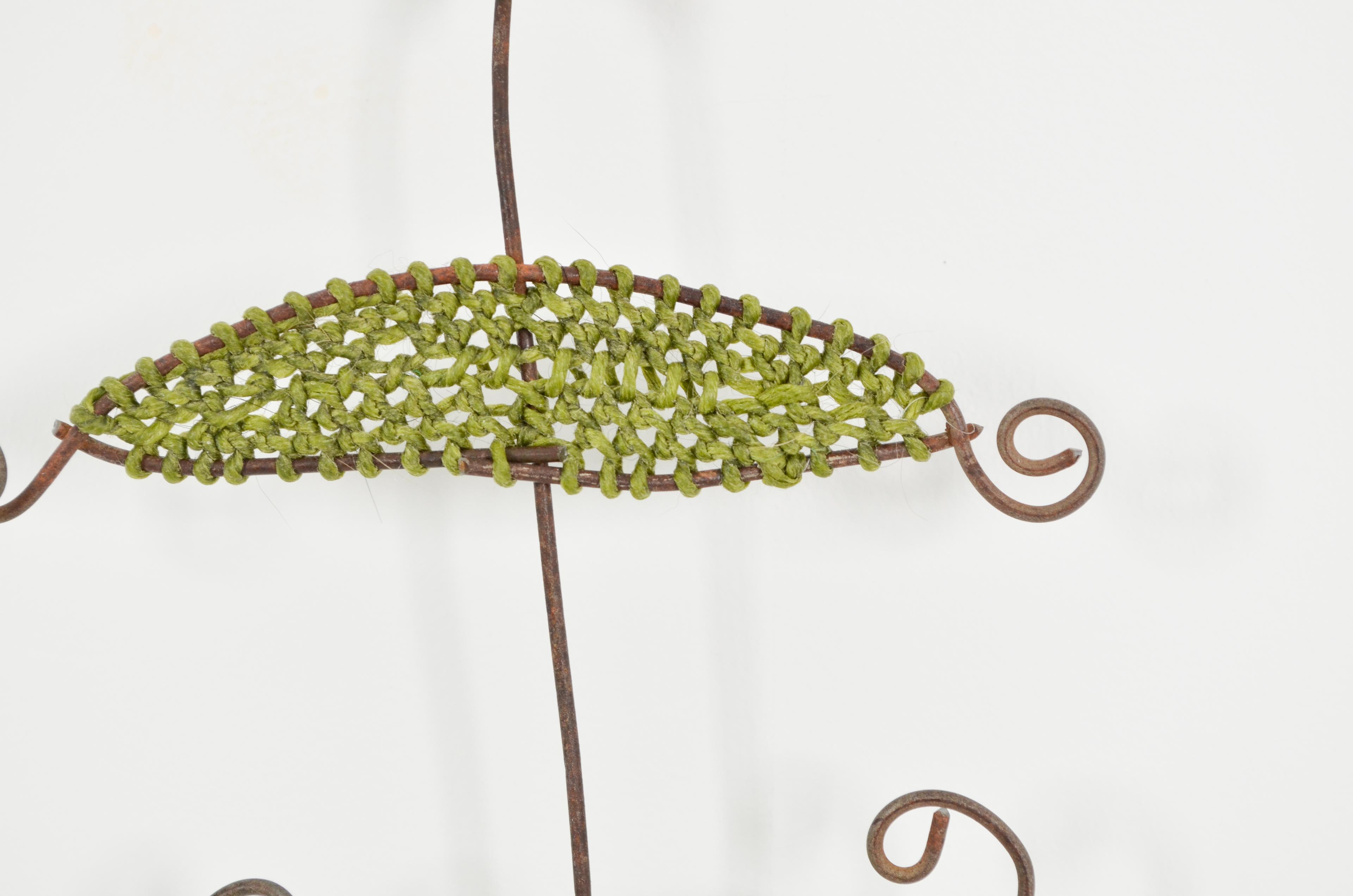 mixed media - upcycled fence & cotter pin, looped waxed thread & looped linen thread, & stained gut - 26" x10"