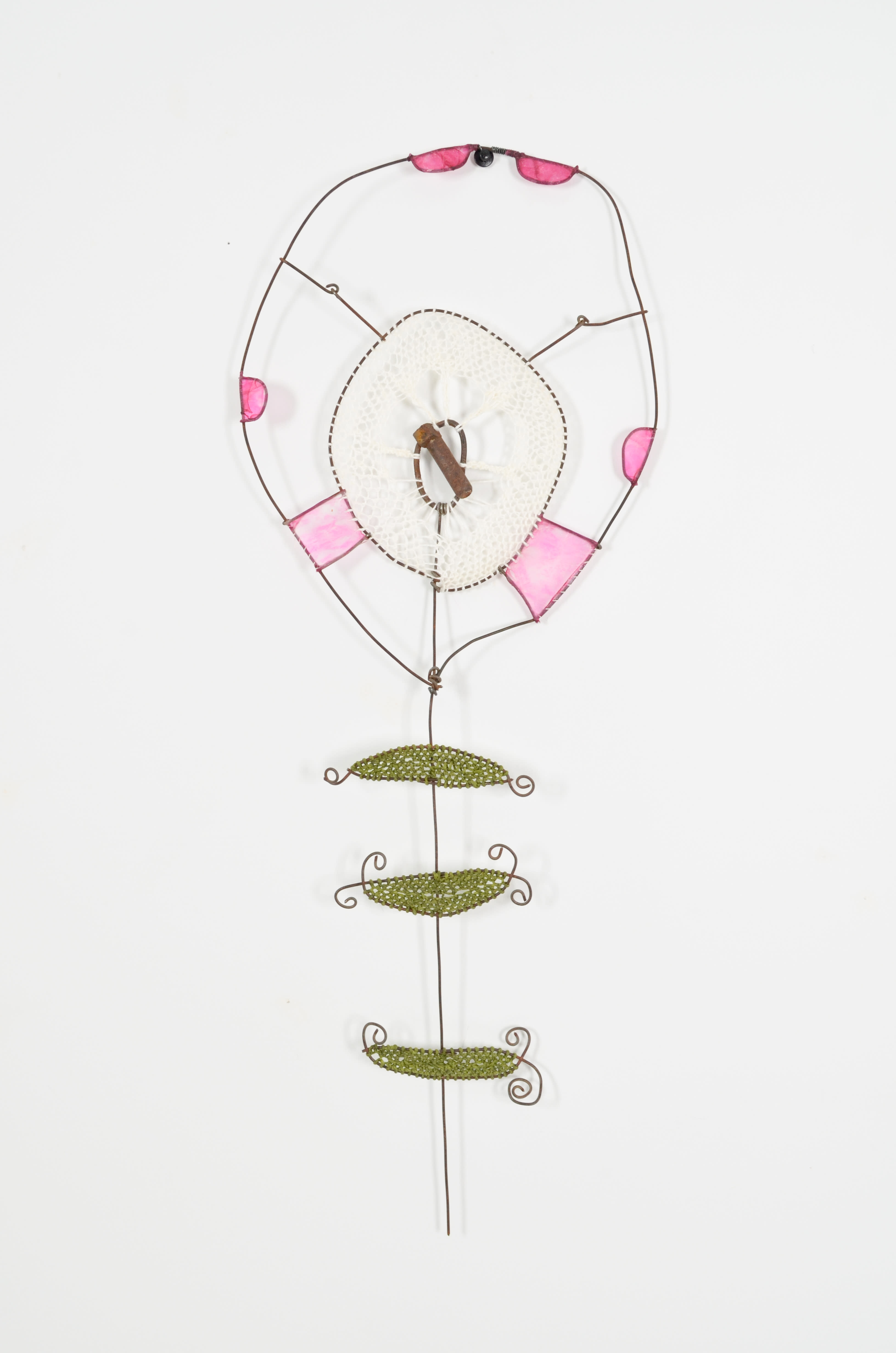 mixed media - upcycled fence & cotter pin, looped waxed thread & looped linen thread, & stained gut - 26" x10"