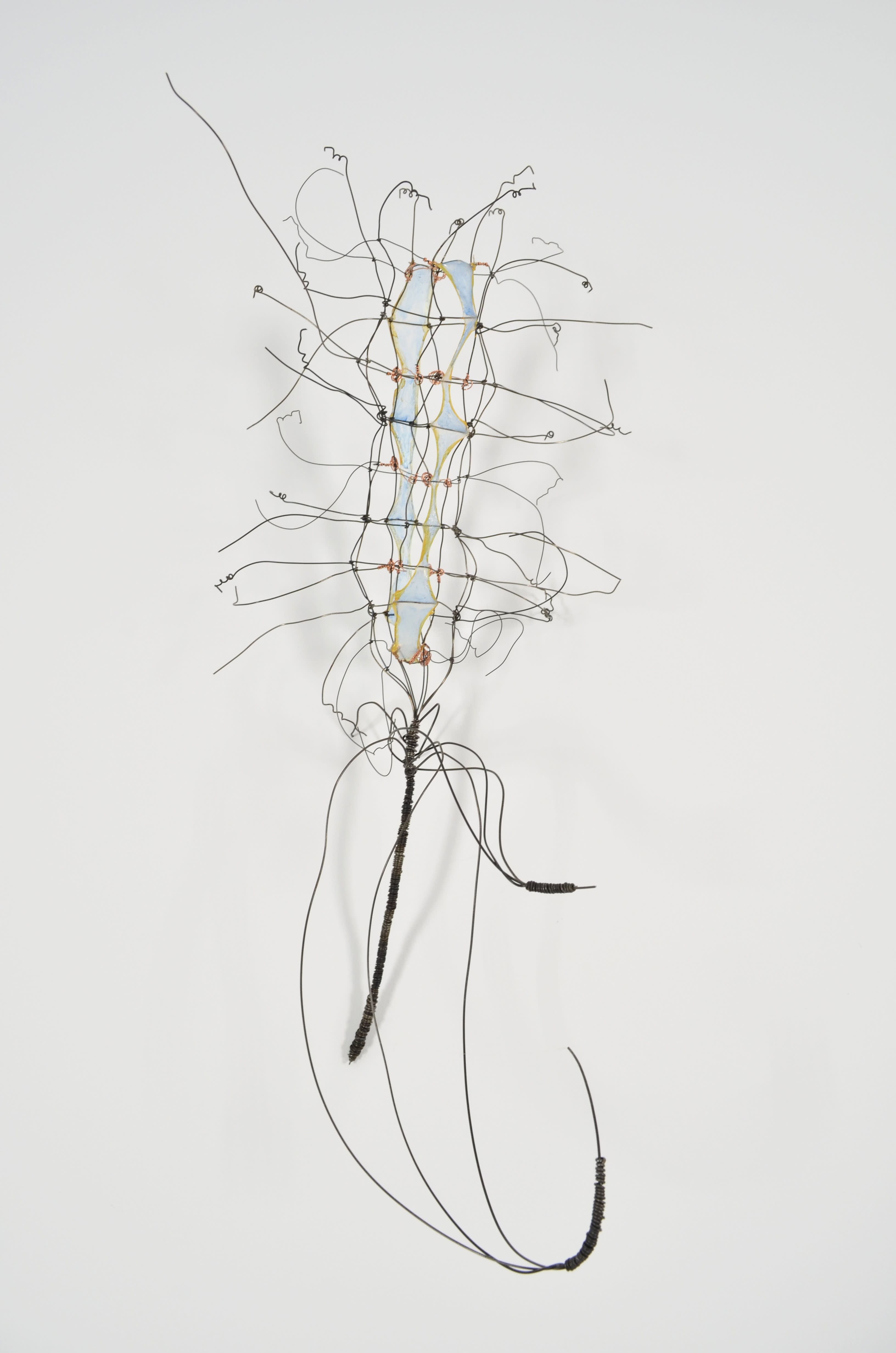 Woven and knotted layers of annealed steel wire with a touch of copper wire and water colored gut.  Like all the wallflower flowers they seamlessly pin into the wall.