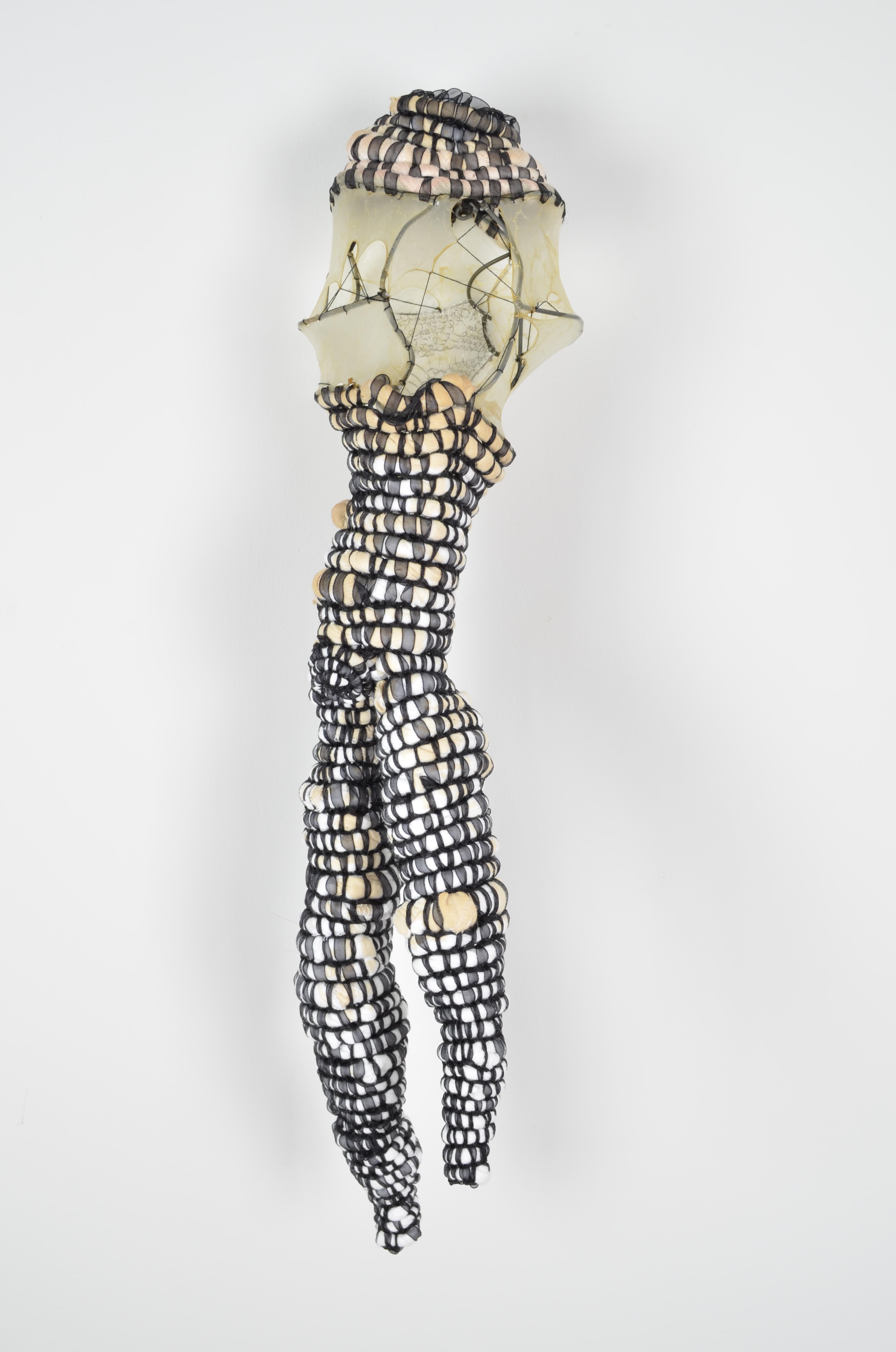 Found fence, looped steel wire, thread, chiffon ribbon, gut, & tea stained upcycled undershirts have been shaped, stretched, & coiled into this form.  22x6x5