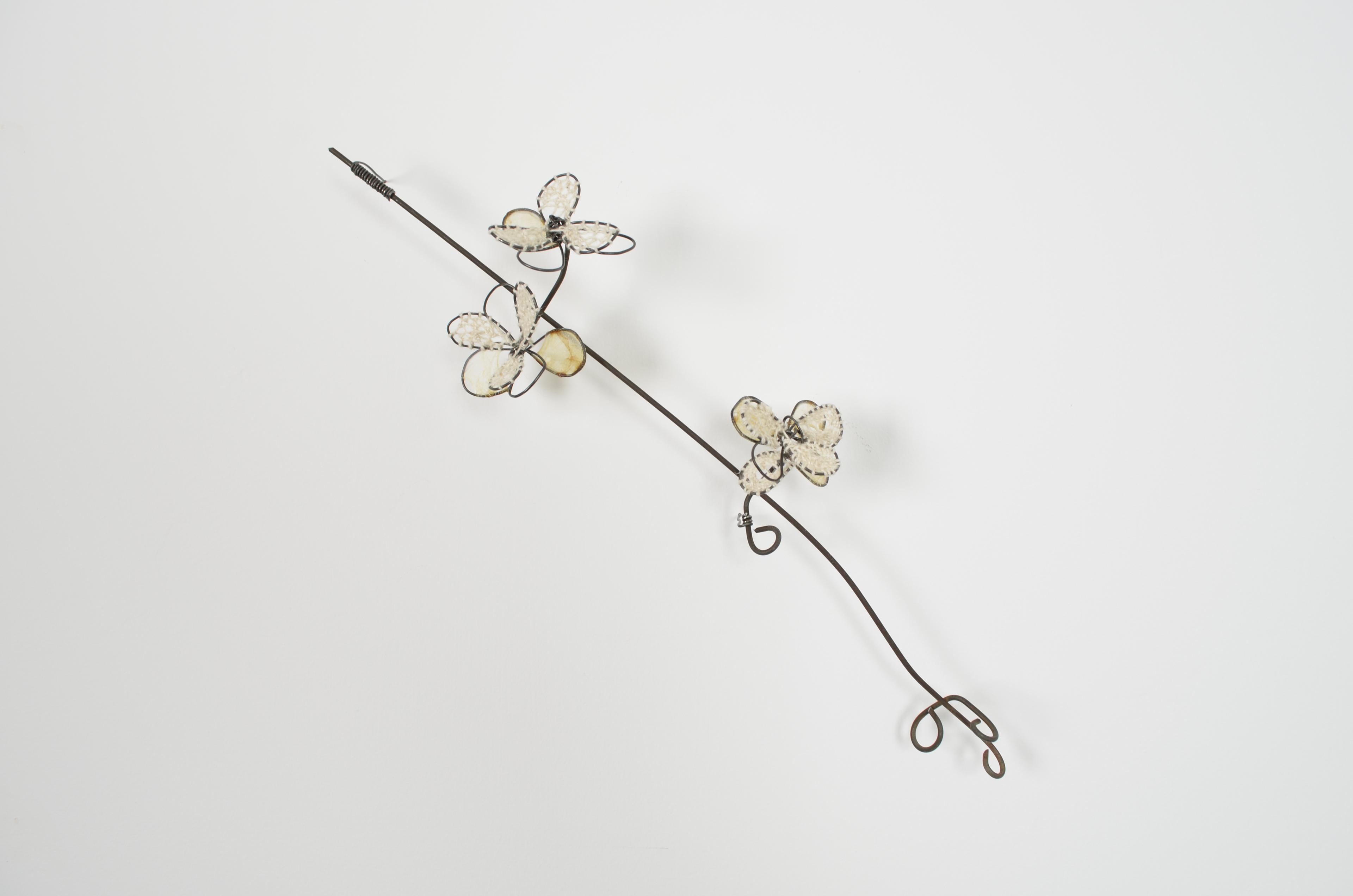 mixed media, looped linen thread, gut, upcycled fence, and annealed steel - 3.5"x13"