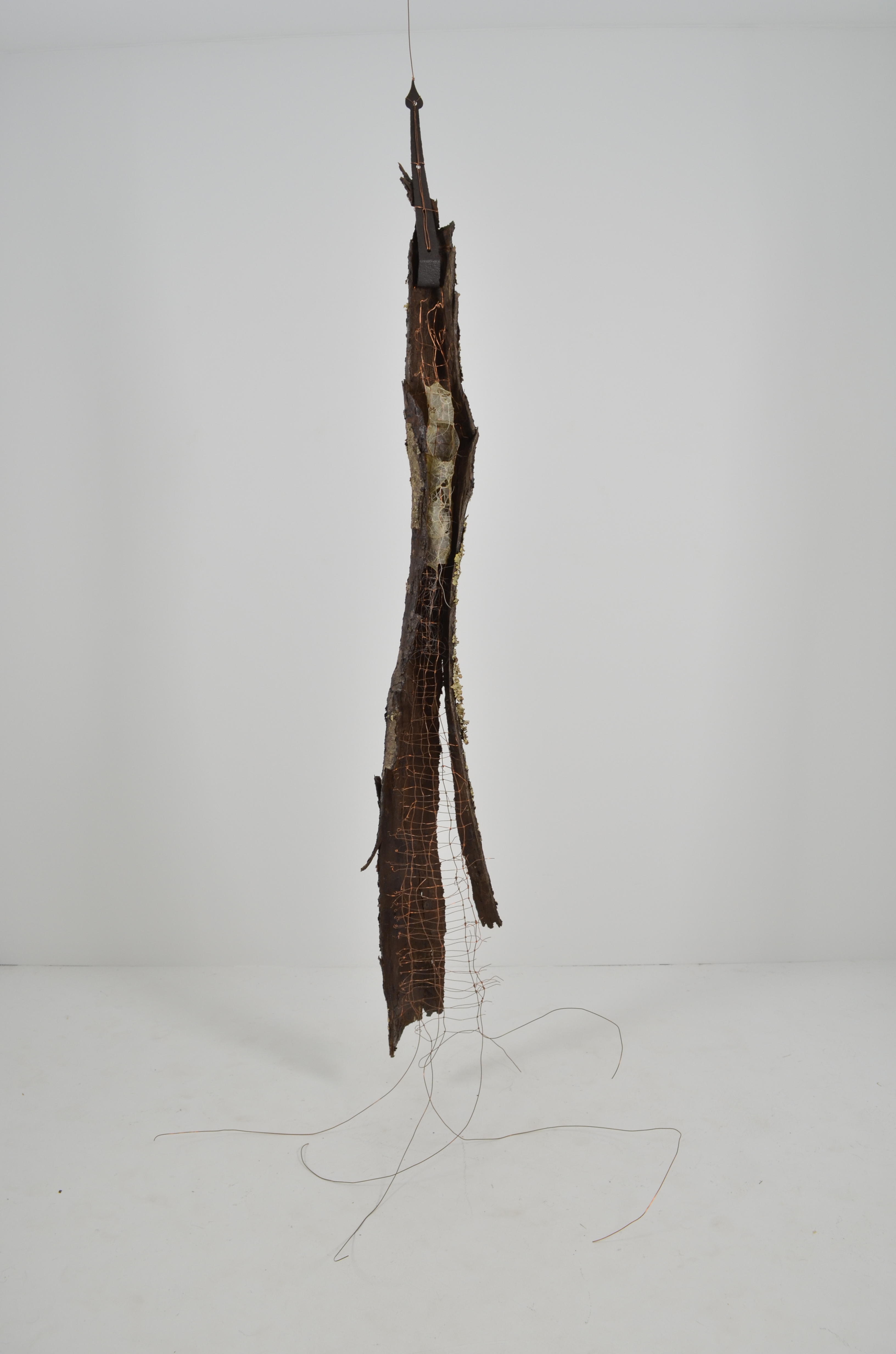 Squirrel Home is a large section of bark from a single branch sealed with encaustic.  In addition, a double layer of hand knotted copper wire with gut and thread, a found gate hinge, & squirrels made of wire, gut & deer fur. 75”x33”x20” 