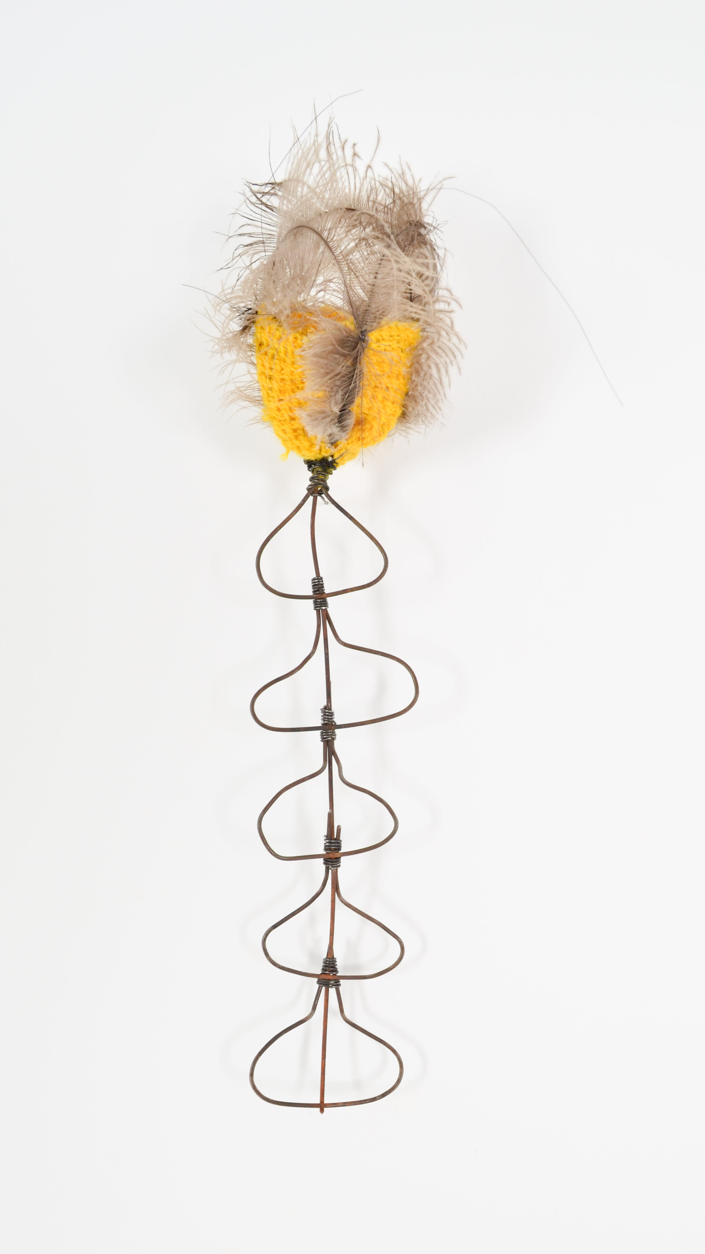 mixed media - sprang wool, upcycled fence, horse hair, ostrich feathers, & annealed steel - 15"x4"