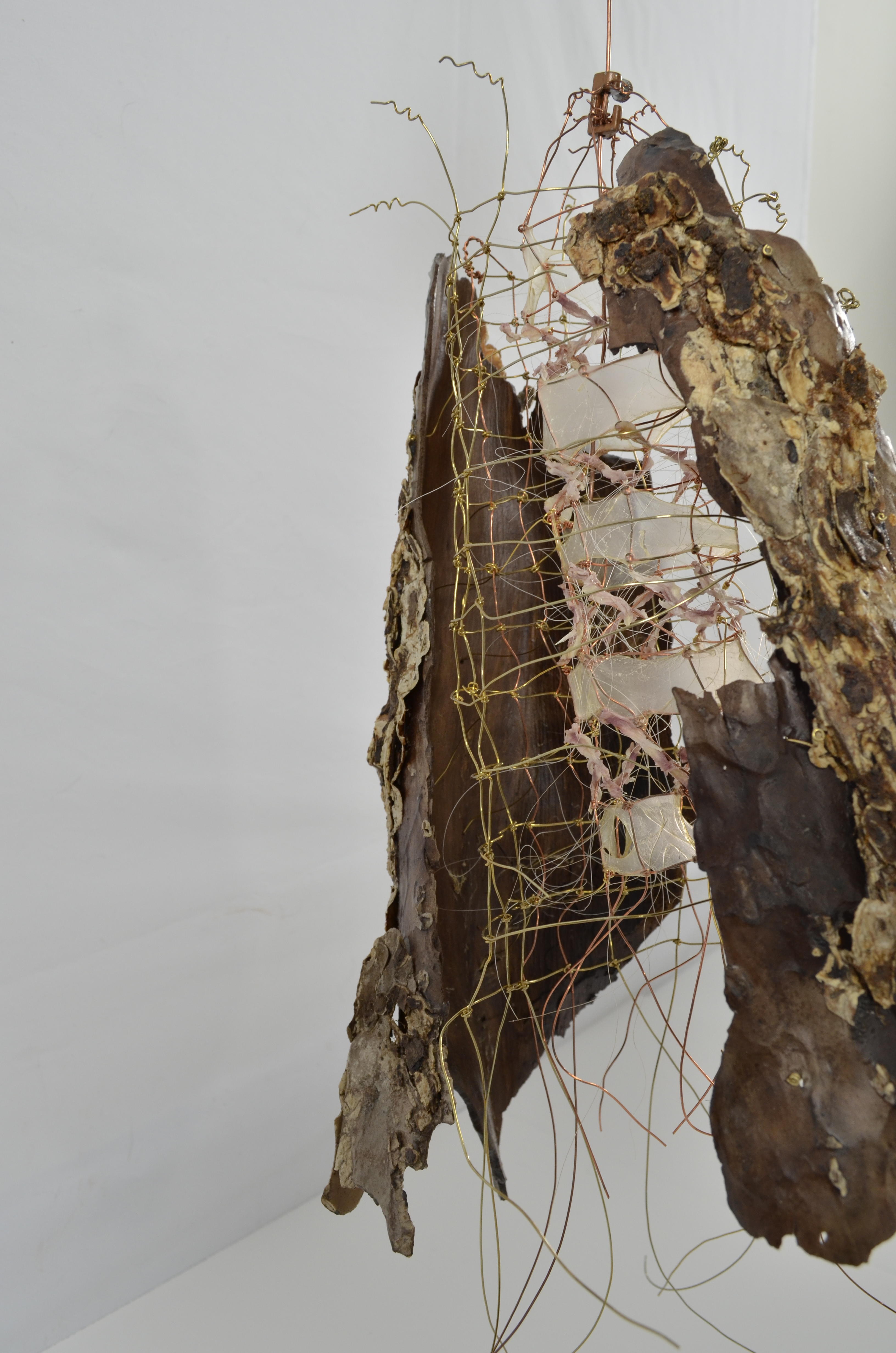 3 sections make up this pretty in pink tree.  Magenta maple whirly-gigs for section 1, knotted copper wire for section 2, & individual flower petals for section 3.  Along with bark, gut, & found objects.