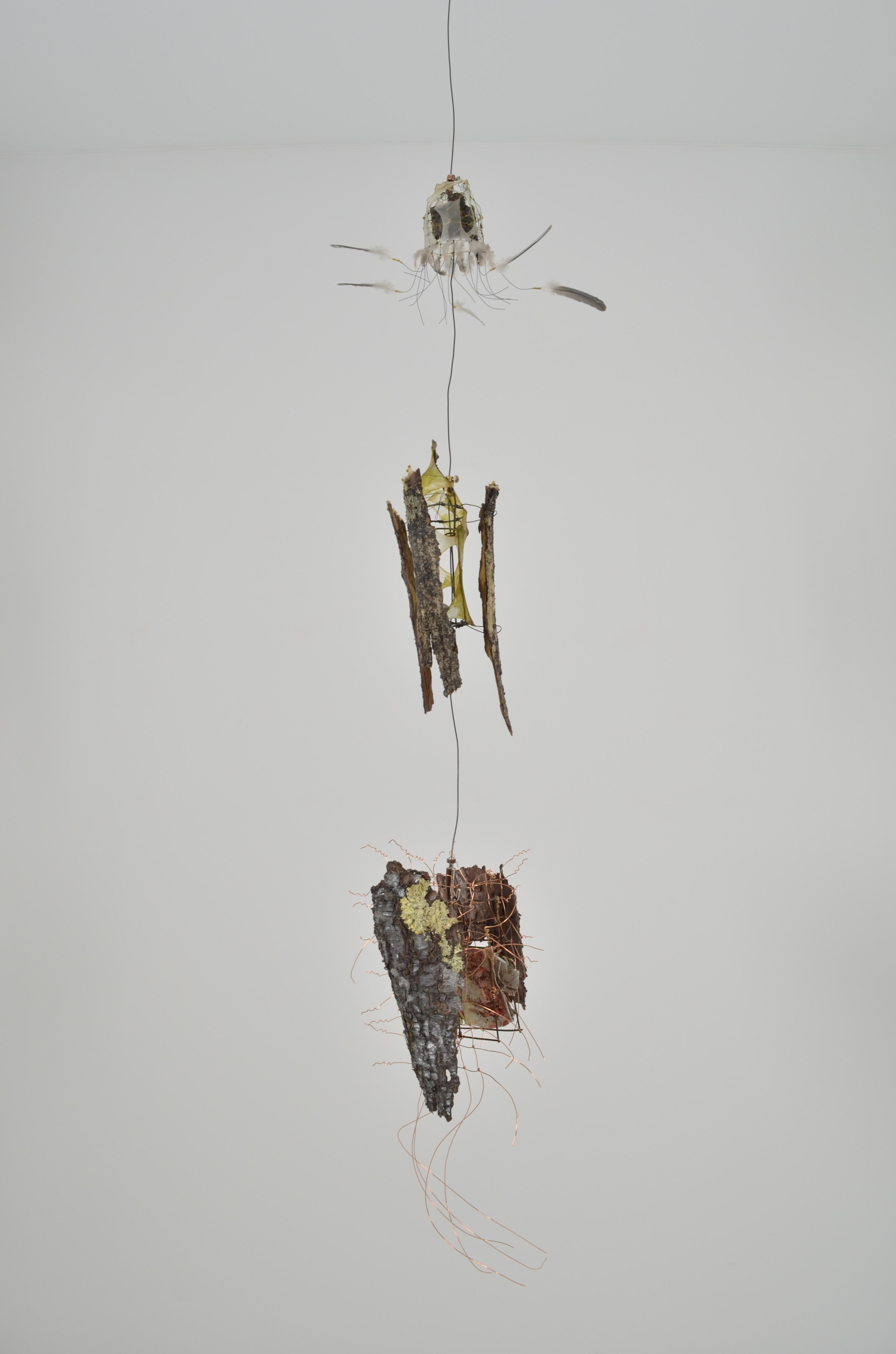 Found items create 3 sections to form this tree.  Bark, feathers, wire, gut, a coke can, and knotted wire help give a voice to each section of this tree. 47x13x9  