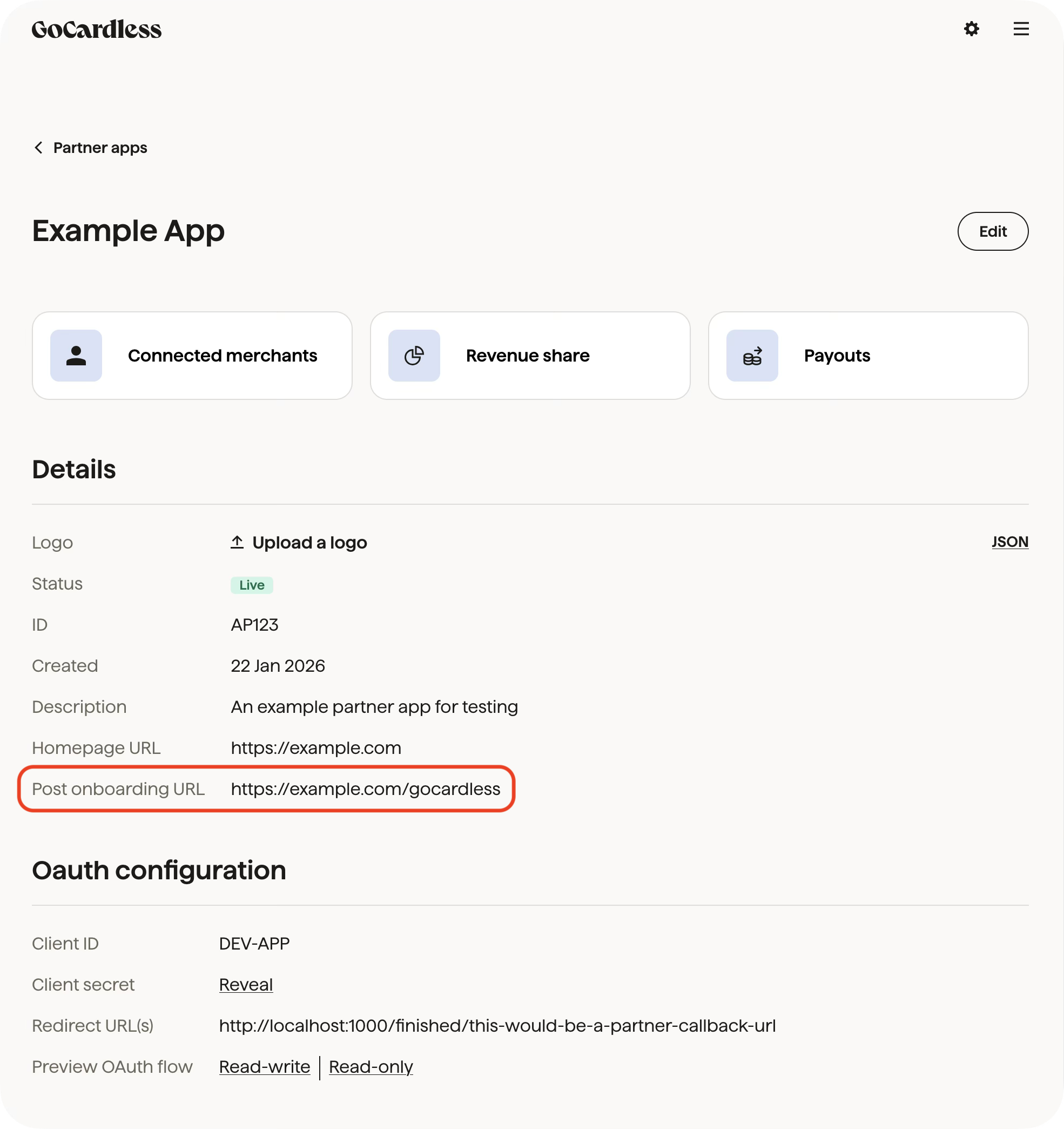 Screenshot of the partner app details page, with the post onboarding URL section highlighted.