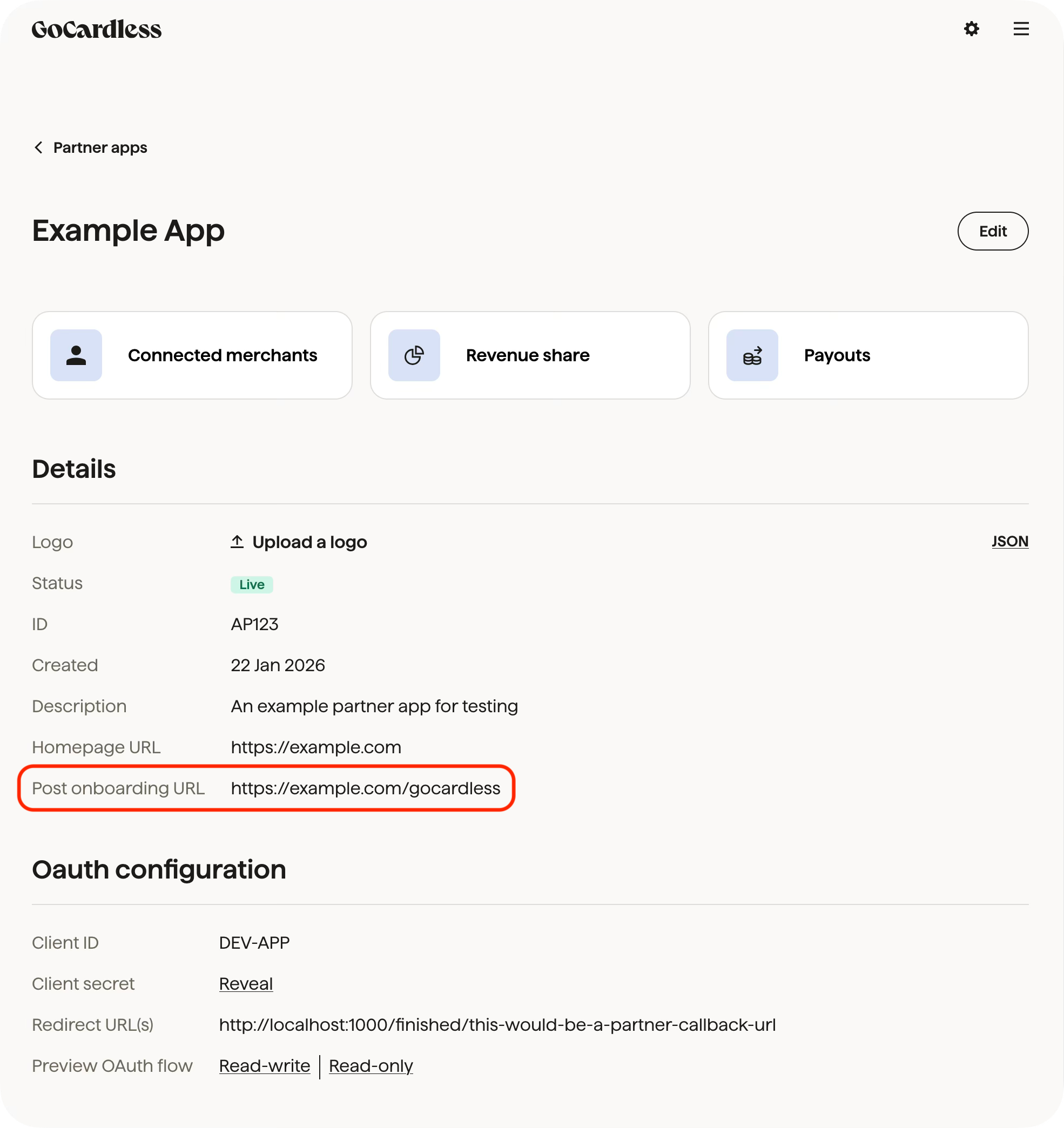 Screenshot of the partner app details page, with the post onboarding URL section highlighted.