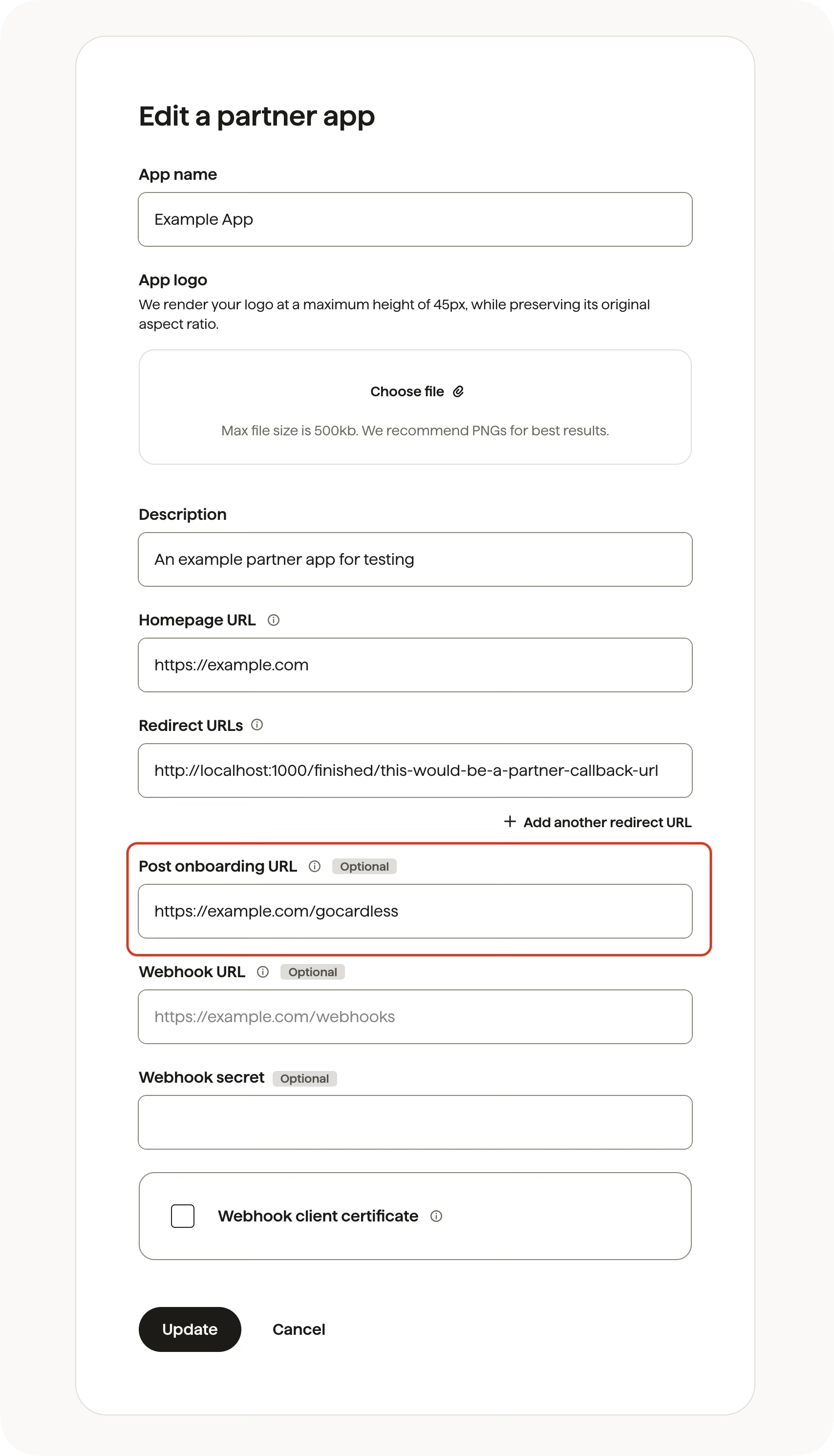 Screenshot of the edit partner app form, with the post onboarding URL field highlighted