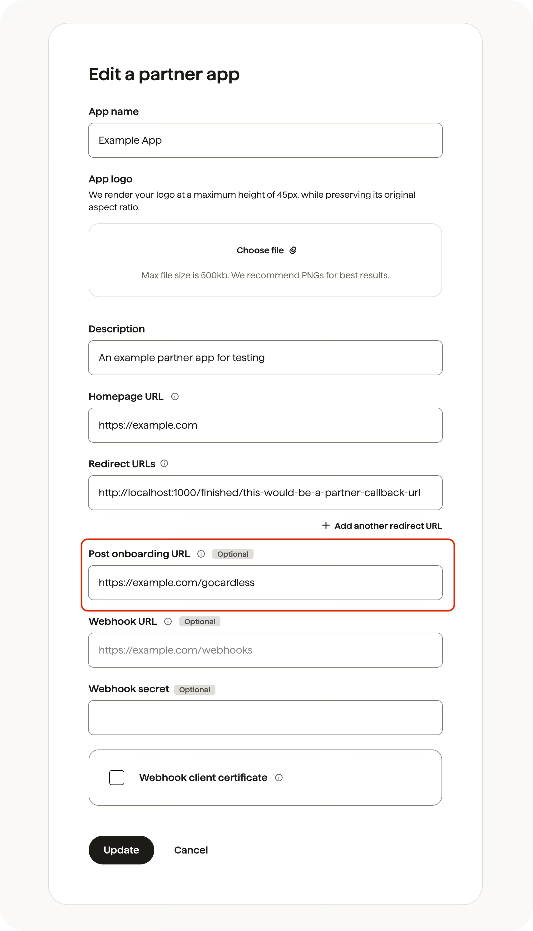 Screenshot of the edit partner app form, with the post onboarding URL field highlighted
