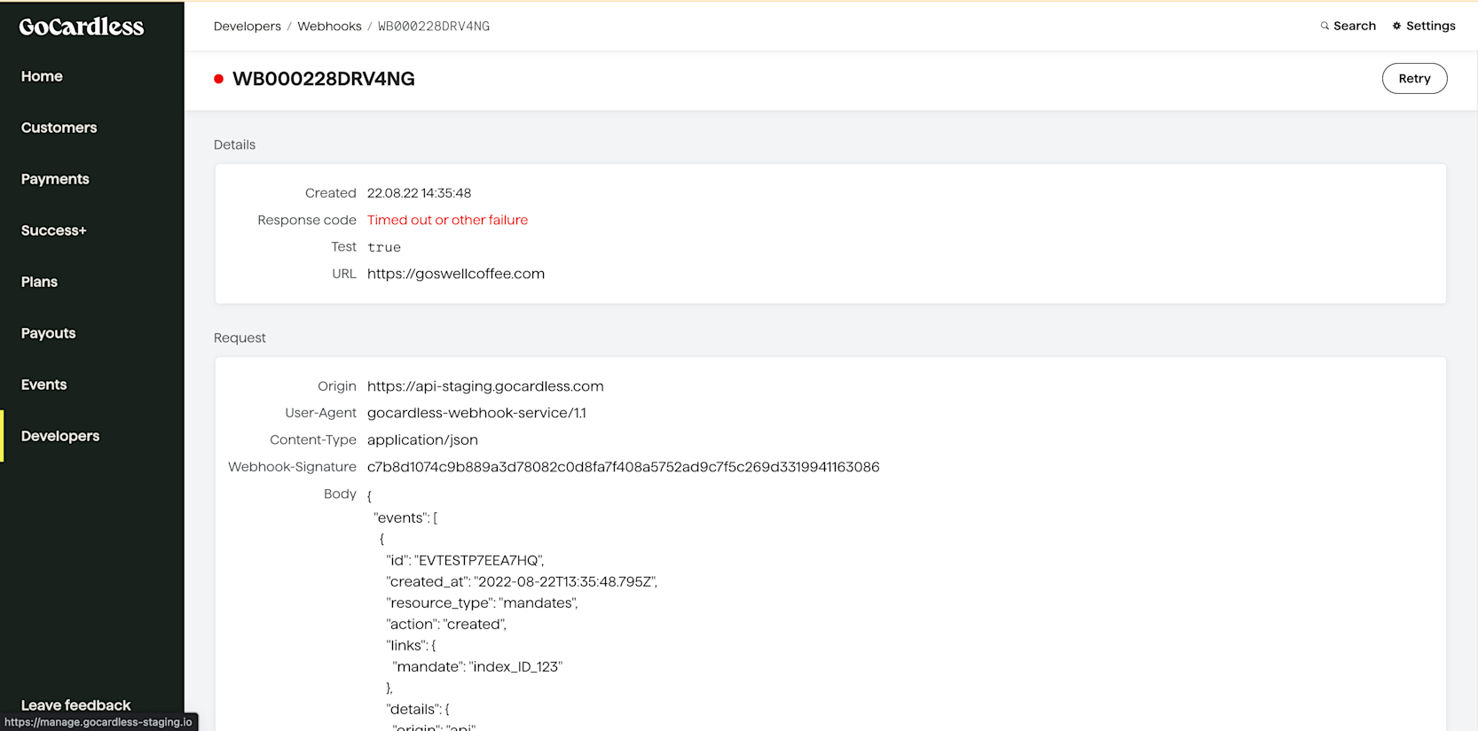 Resources: Testing Webhooks (Dashboard) - GoCardless Developers