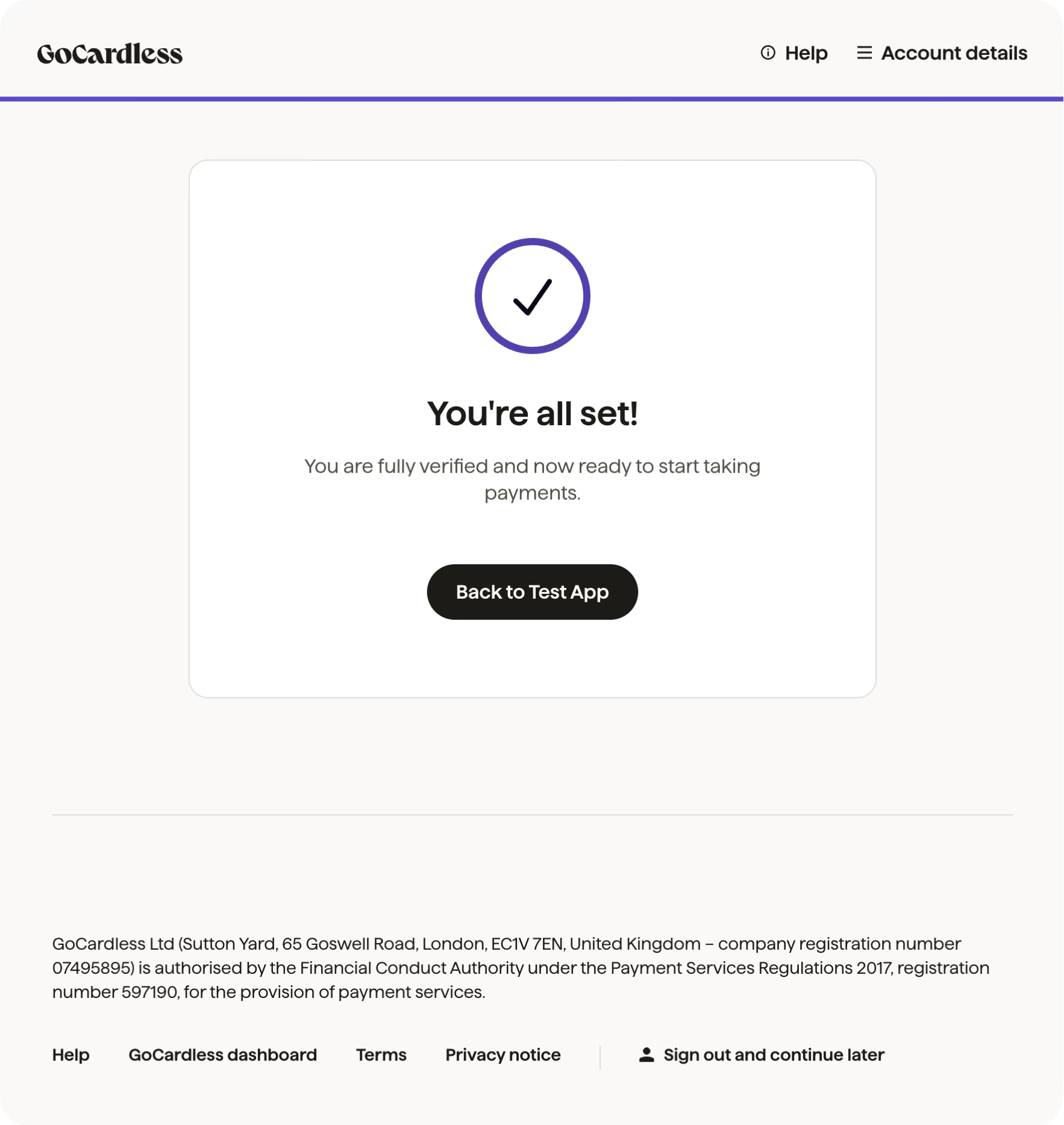 Screenshot of the 'back to your app' button a user sees at the end of the verification flow.